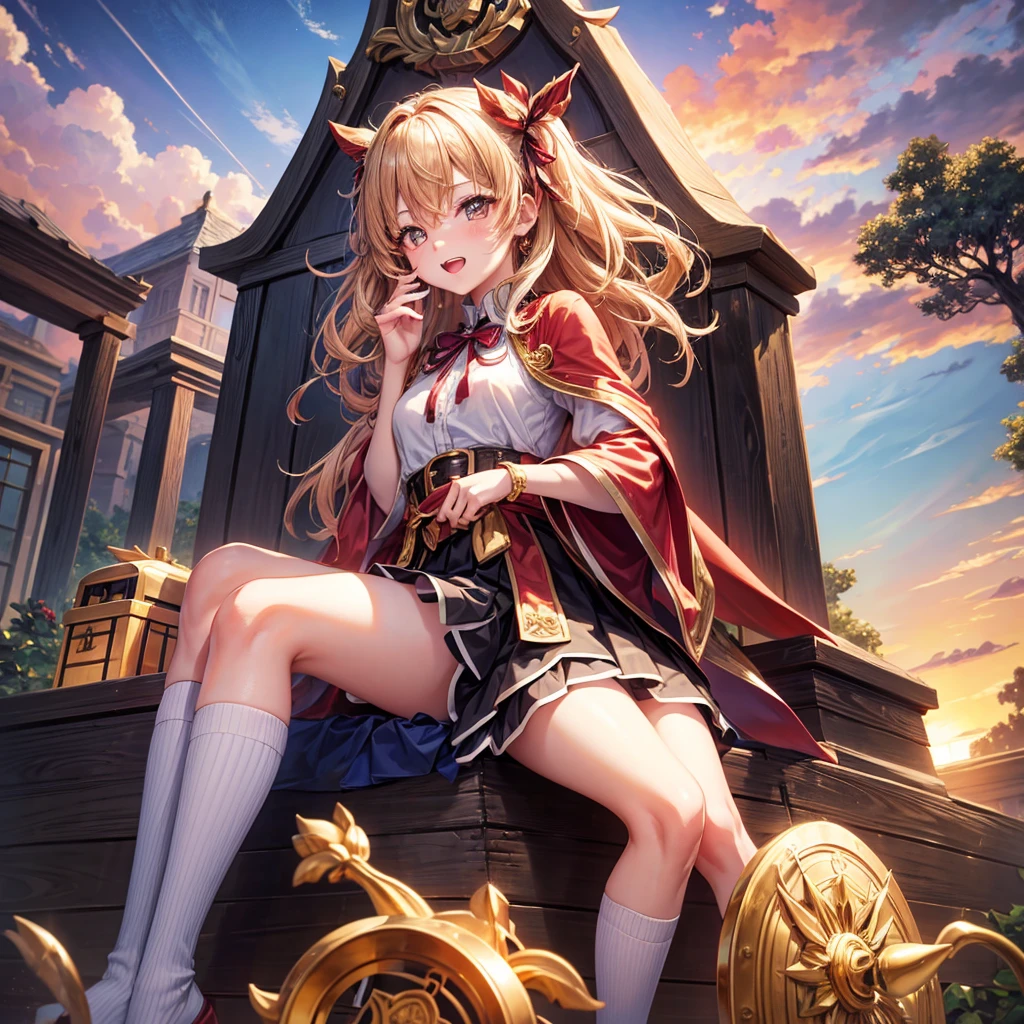 Pink gold golden hair、Golden Eyes、One good looking girl、solo、anime、Checkered mini skirt、Ruffles on the skirt、Red T-shirt、Cape、Gothic、Black knee-high socks、Wearing a ribbon、Ribbon on waist、Tilting face、Teeth are visible、Sunset sky、Piercing the clouds、Contrail、tree、Touching your face、lotus leaves、Cumulonimbus、Pillar of Light、Magic wand、Sitting on a golden treasure chest
