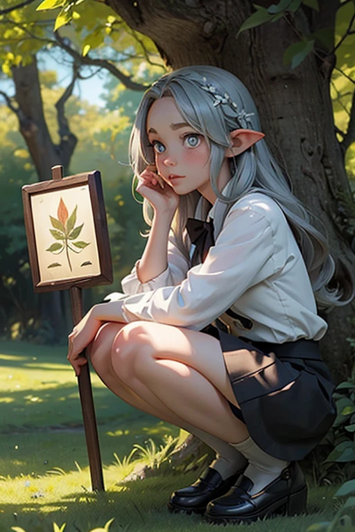 Uma personagem chamada Sylphiette Greyrat com orelhas de elfo e cabelo branco moleca, the eyes are red with black pupils. Your forehead is visible and detailed with a sign. The character is wearing a long-sleeved white shirt and a brown skirt, is crouched in the grass amidst a serene, beautifully lit forest. Mushoku Tensei. Obra-prima estilo anime.