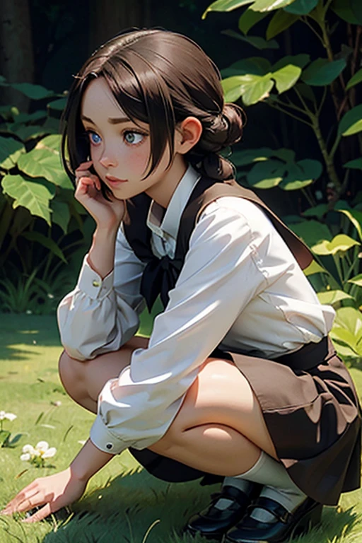 Uma personagem chamada Sylphiette Greyrat com orelhas de elfo e cabelo branco moleca, the eyes are red with black pupils. Your forehead is visible and detailed with a sign. The character is wearing a long-sleeved white shirt and a brown skirt, is crouched in the grass amidst a serene, beautifully lit forest. Mushoku Tensei. Obra-prima estilo anime.