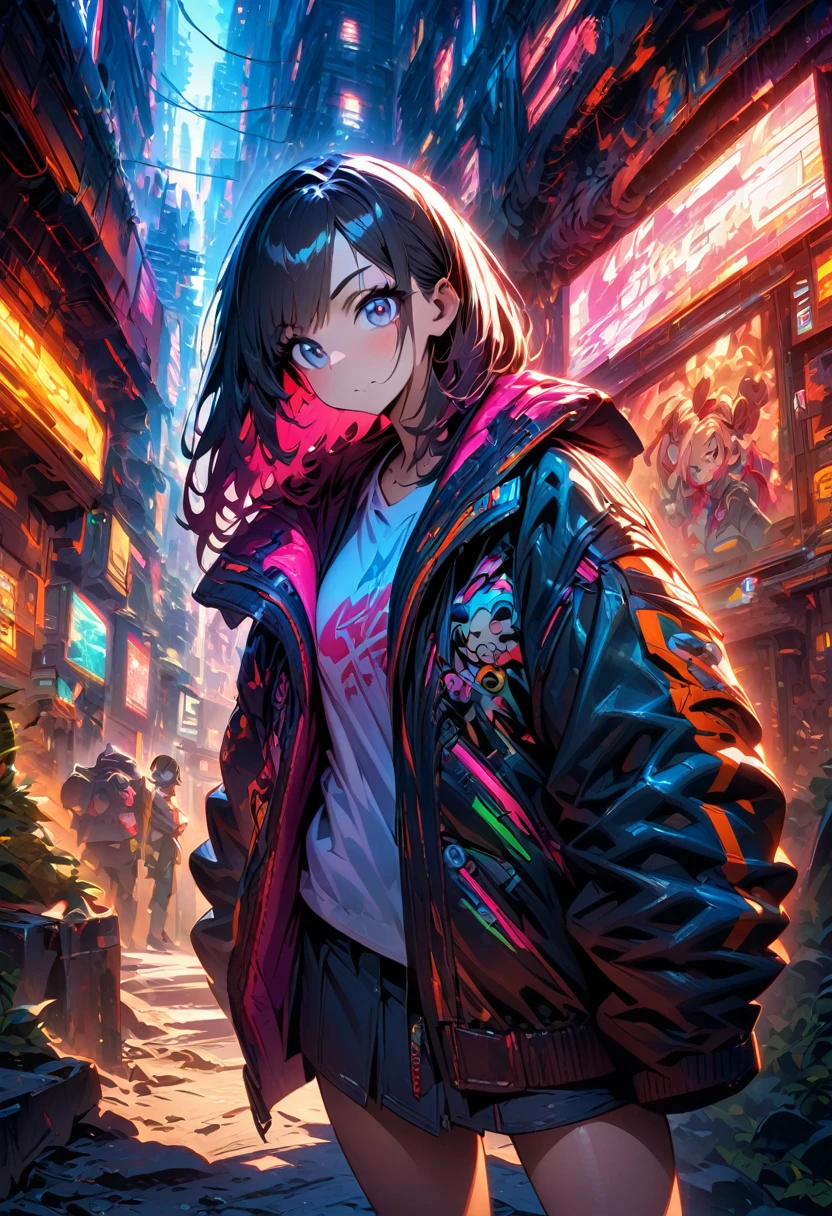 Japanese cartoon 2D character design heavy mechanical fists a girl apocalyptic punk head heavy giant sword cyberpunk shirt jacket a person standing in the corner of the sci-fi city looking at the camera illustration, ultra-detailed, HDR, vibrant colors, soft lighting