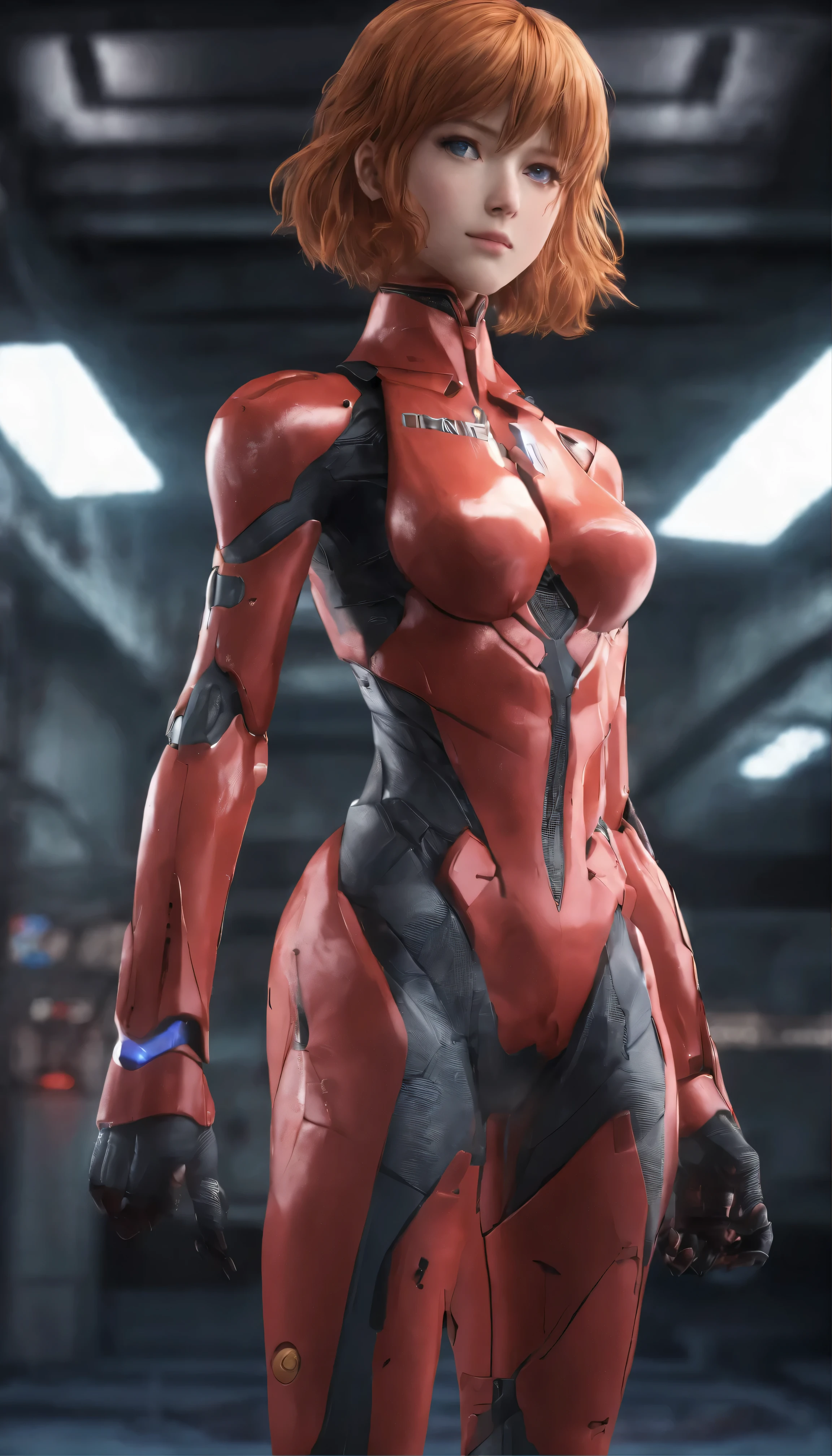 with high definition images，Anime Images，　Anime girl standing alone in a Neon Genesis Evangelion scene、Introducing 19-year-old Asuka Langley。Short, stylish bangs frame her detailed hazel brown eyes.、Wears a high-definition red armored costume featuring the plug suit。Her medium-sized bust is hidden by a red armored suit.、She looks straight at the audience and smiles confidently.。The backdrop is a beautifully crafted Western-style room decorated with neon lights.、It has a surreal atmosphere。In the background is Evangelion III.The unit is standing