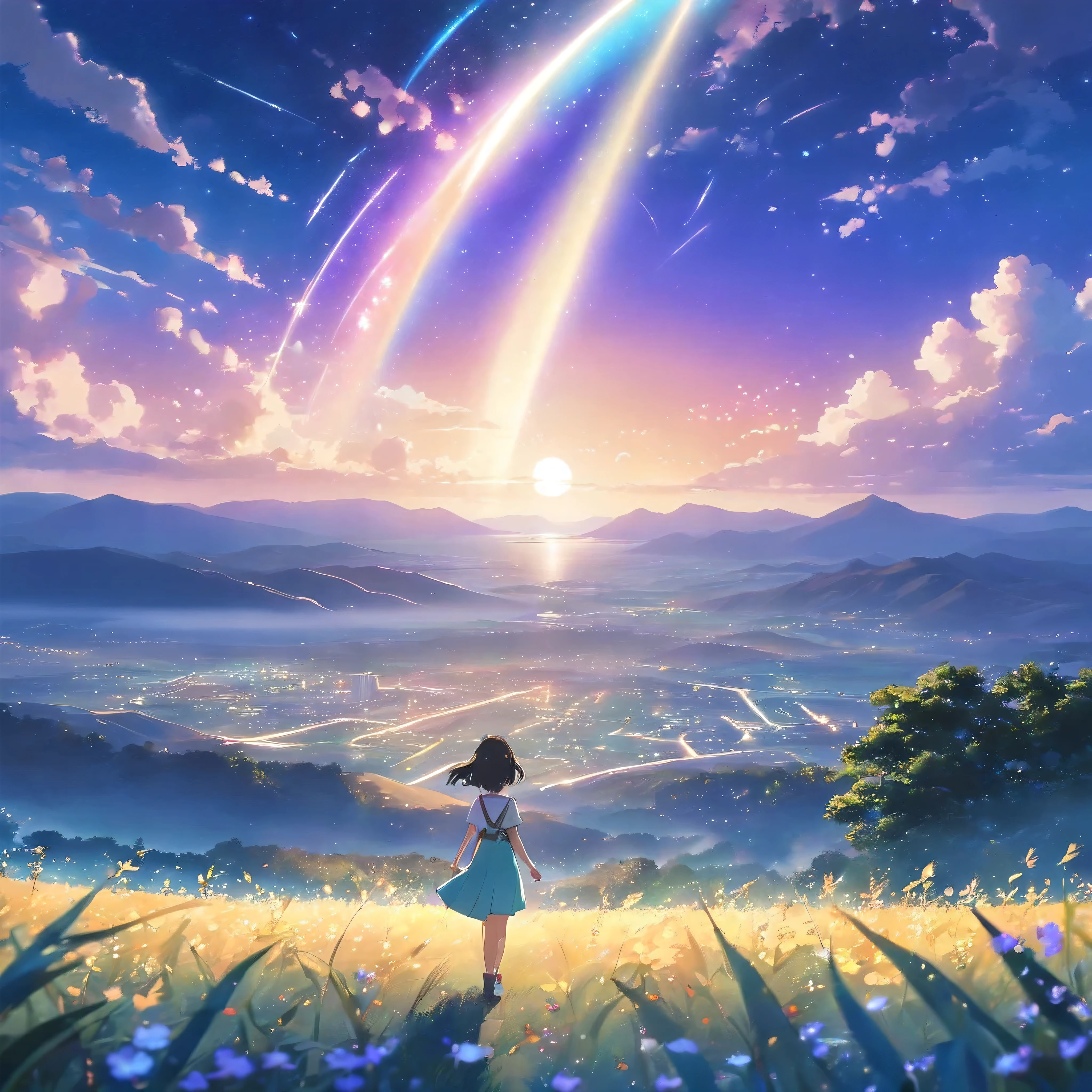 Makoto Shinkai, Expansive landscape photograph , (View from below，Displays the sky above and the clearing below), a girl standing on flower field looking up, (full moon:1.2), ( meteors:0.9), (Starcloud:1.3), Far Mountain, Tree BREAK Production Art, (Warm light source:1.2), (Firefly:1.2), lamp lights, lots of purples and oranges, Intricate details, Volumetric lighting BREAK (Masterpiece:1.2), (Best quality), 4K, Ultra-detailed, (Dynamic composition:1.4), Highly detailed, Colorful details,( Iridescent colors:1.2), (luminouslighting, Atmospheric lighting), Dreamy, magical, (Solo:1.2) master peace, 1080p image quality 