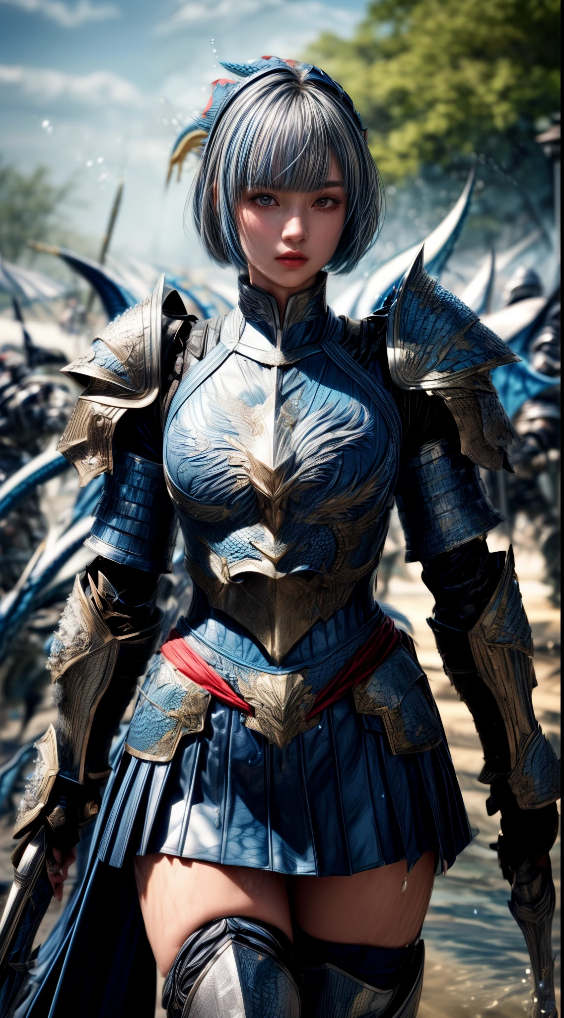 Very beautiful woman、Slender women、(Detailed face)、Realistic Skin、((Water Knight)), ((Navy Blue Armor))、((((Dark blue armor with very delicate platinum detailing:1.5))))、((Delicate photo))，(Girl Astepeace RAW Photo Details:1.25), (highest quality:1.6), (超A high resolution:1.5), (Realistic:1.75), 8K resolution, Canon EOS R5, 50mm, Absurd, Ultra-detailed,Cinema Lighting,((battlefield))、((battle))、(((White skirt with embellishments)))、Thigh-high socks、Shin Guards、((Light blue hair))、((Bowl cut hairstyle with bangulticolored Hair))、(Six-pack:1.1)、Cape、Beautiful Armor、(((Has a huge weapon)))、(In combat)、The wind is blowing、((Symmetrical Armor))、((((Splash:1.1))))、(((Leading a large group of blue knights:1.2)))、Banner、(Armor with a dragon motif)、(((Intense battle scenes)))、(((Blue Dragon)))