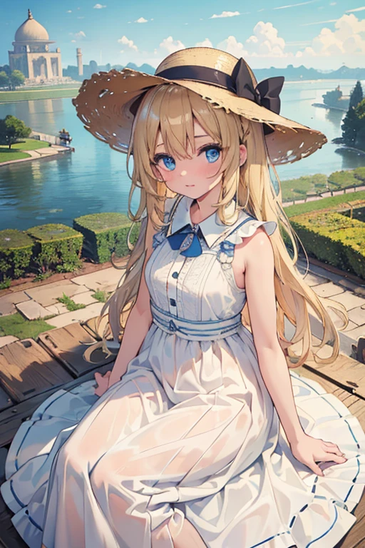 masterpiece, highest quality, 16k、High resolution, Cowboy Shot、Detailed face、1 7-year-old girl、blue eyes、blonde、Braiding、White Dress、Straw hat、India、In front of the Taj Mahal