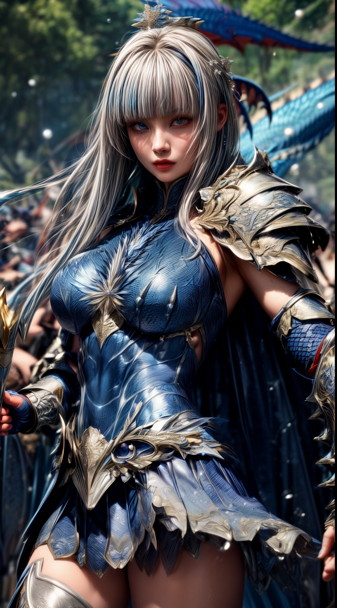 Very beautiful woman、Slender women、(Detailed face)、Realistic Skin、((Water Knight)), ((Navy Blue Armor))、((((Dark blue armor with very delicate platinum detailing:1.5))))、((Delicate photo)),(Girl Astepeace RAW Photo Details:1.25), (highest quality:1.6), (超A high resolution:1.5), (Realistic:1.75), 8K resolution, Canon EOS R5, 50mm, Absurd, Ultra-detailed,Cinema Lighting,((battlefield))、((battle))、(((White skirt with embellishments)))、Thigh-high socks、Shin Guards、((Light blue hair))、((Bowl cut hairstyle with bangs))、(Six-pack:1.1)、Cape、Beautiful Armor、(((Has a huge weapon)))、(In combat)、The wind is blowing、((Symmetrical Armor))、((((Splash:1.1))))、(((Leading a large group of blue knights:1.2)))、Banner、(Armor with a dragon motif)、(((Battle Scene)))、(((Blue Dragon)))