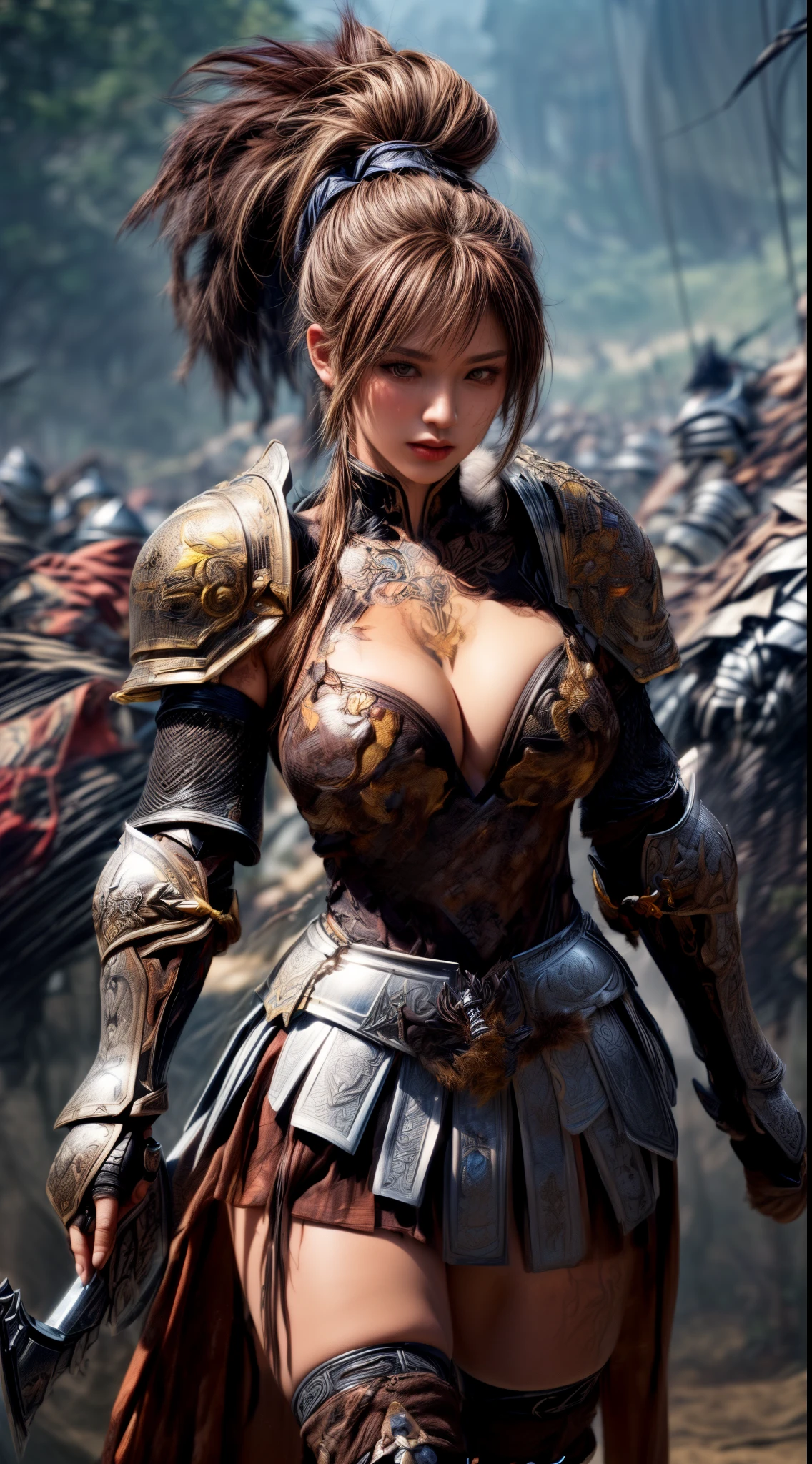 Very beautiful woman、Very tall woman、((muscle))、(Detailed face)、Realistic Skin、((Knights of the Earth)), (((Light brown and black armor:1.25)))、((((Very detailed and decorated dark brown armor.:1.5))))、((Delicate photo)),(Girl Astepeace RAW Photo Details:1.25), (highest quality:1.6), (超A high resolution:1.5), (Realistic:1.75), 8K resolution, Canon EOS R5, 50mm, Absurd, Ultra-detailed,Cinema Lighting,Battlefields of Medieval Europe、((battle))、RPG World、Final Fantasy、(((Embellished skirt)))、Thigh-high socks、Shin Guards、night、((((Messy center parted high ponytail))))、(((Six-pack)))、Torn Cloak、((Beautiful Armor))、(((Huge weapons)))、In combat、The wind is blowing、(((Leading a large group of knights:1.3)))、(((Knight Commander)))、(Banner)、(Armor modelled after a great ape)、(((Light brown as the main color)))、(((black tribal tattoo)))、Dust、(((fur:1.2)))、(Rocky area)、(((Battle Scene)))、((nsfw))、(((Brown big monkey)))、(((Action Scenes)))