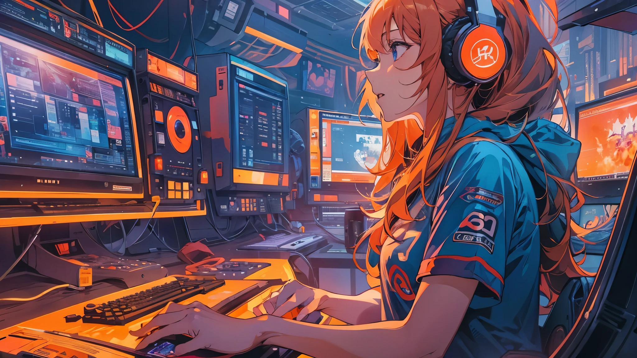 high resolution、One Girl、Wearing headphones、Logo T-shirt and hot pants、Inside a futuristic room、Gaming PC、Large monitor<Vibrant colors、Vivid Color、Warm shades、Full body images、Orange long hair、