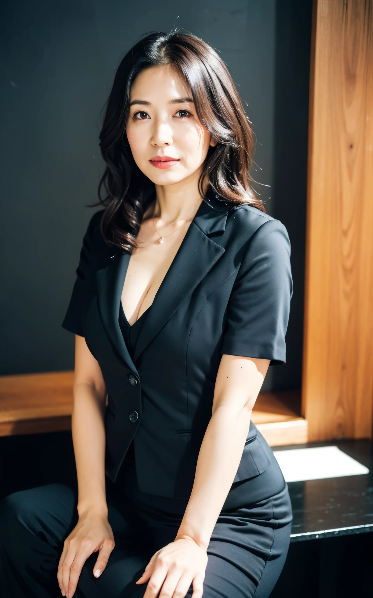 ((Best Quality, 8k, Masterpiece: 1.3)), Photorealistic, Sharp Focus, High Quality, High Definition, Portrait, Solo, Japan, Middle Aged Woman, Beauty, Clothes with Cleavage View, 43 years old, Plump, Wavy Hair, Business suit, Wrinkles at the corners of the eyes, seductive expression, Open legs, Narrow backyard, Lots of boxes, Lots of files, Dark background