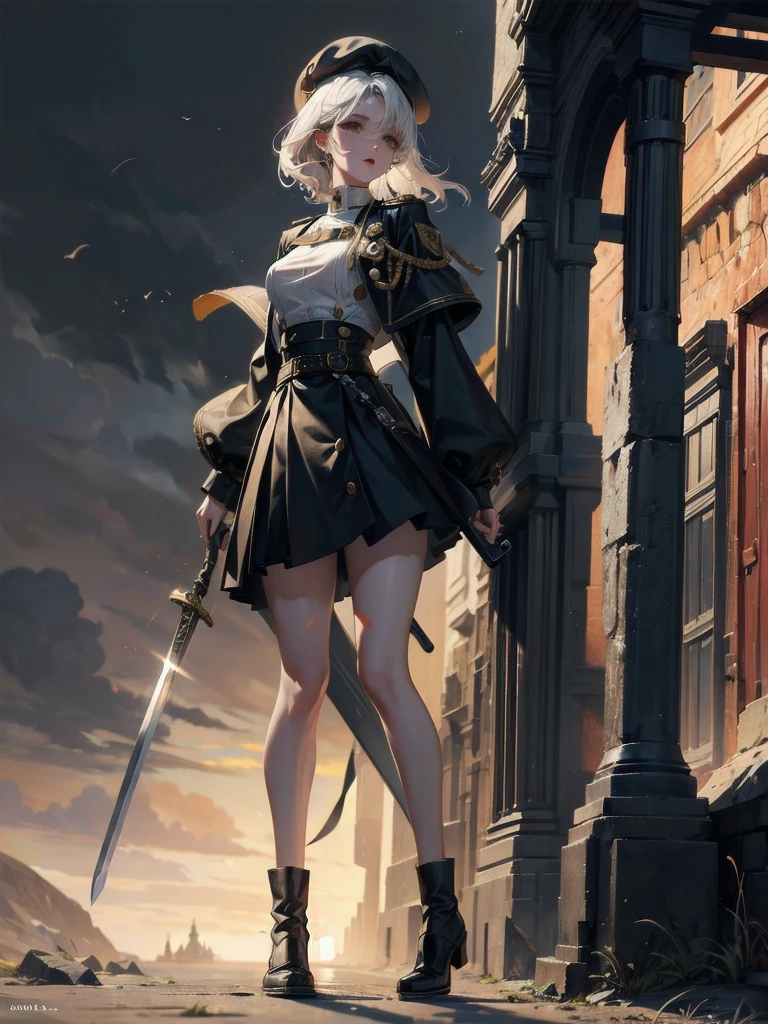 whole body, beret, skirt, military uniform, holding a gigantic sword, A beautiful night landscape, (in Forgotten Place), absurdres, RAW photo, extremely delicate and beautiful, masterpiece, Best Quality, ultra high resolution, 32k, hyperrealistic, ultra-detailed, perfect figure, perfect shape, detailed description, pale skin, 20 years old, detailed beautiful face and eyes, tearful mole, earring, short medium hair, wavy hair,