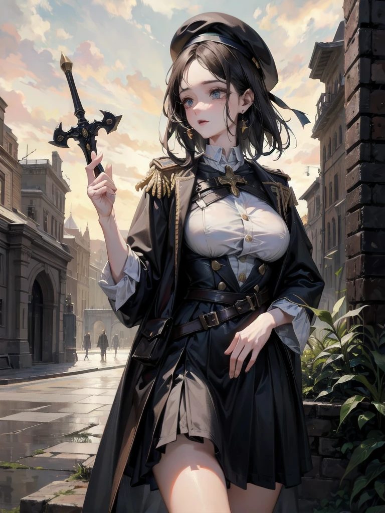 whole body, beret, skirt, military uniform, holding a gigantic sword, A beautiful night landscape, (in Forgotten Place), absurdres, RAW photo, extremely delicate and beautiful, masterpiece, Best Quality, ultra high resolution, 32k, hyperrealistic, ultra-detailed, perfect figure, perfect shape, detailed description, pale skin, 20 years old, detailed beautiful face and eyes, tearful mole, earring, short medium hair, wavy hair,