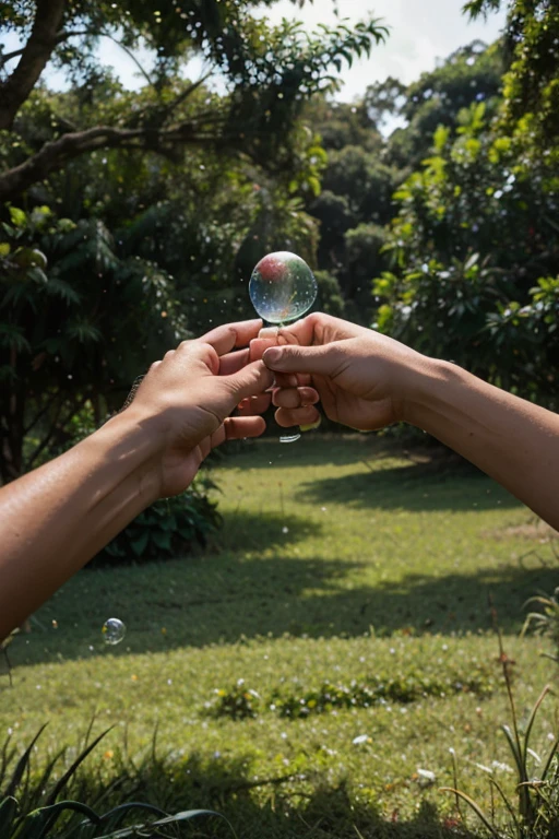 Two human hands on top of the grass, no meio de uma floresta, holding a water bubble during the day