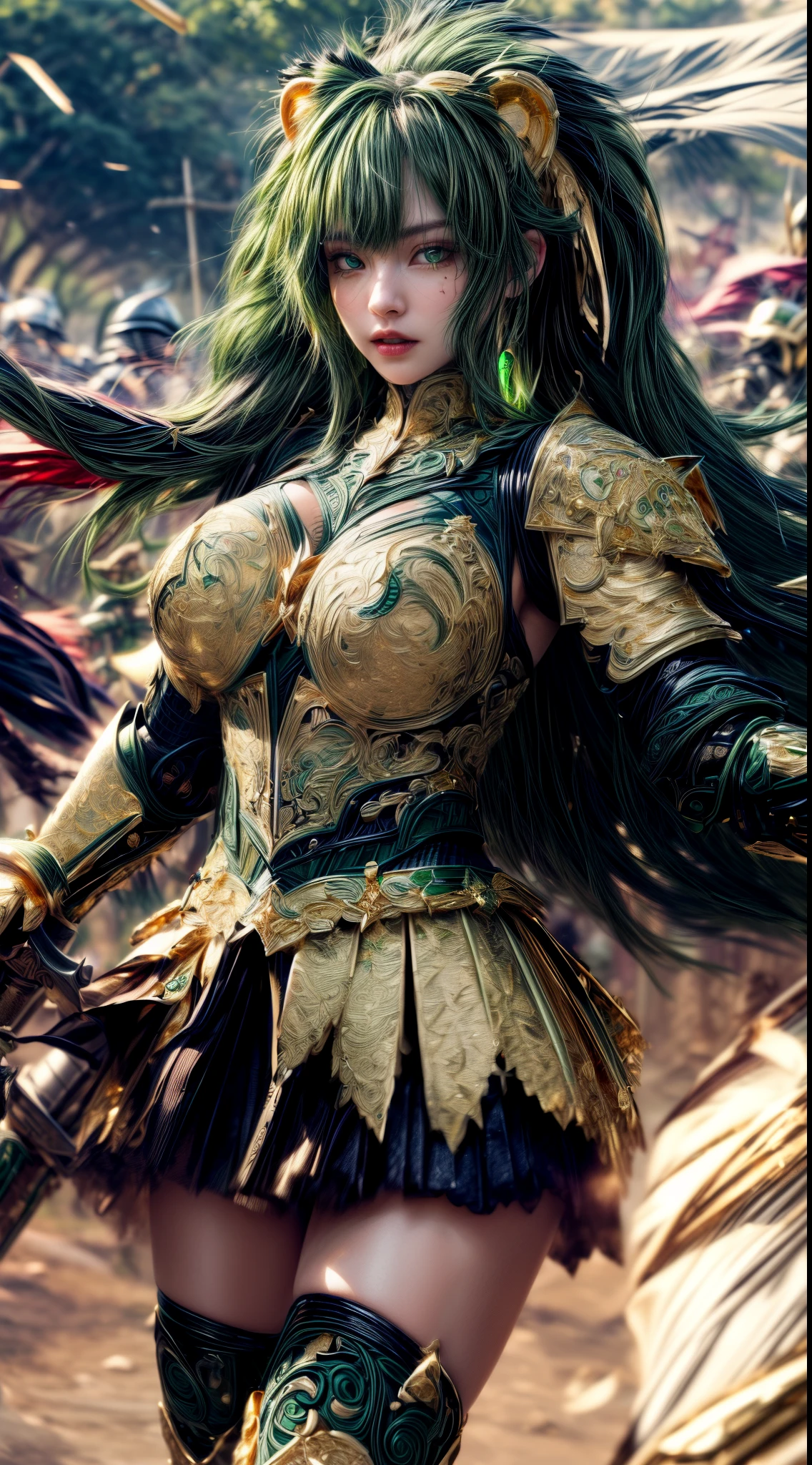 Very cute 、No makeup、Slender、(((low length)))、(Detailed face)、Realistic Skin、((Wind Knight)), ((Dark Green Armor))、((((Deep green armor with very fine and intricate gold detailing:1.5))))、((Delicate photo)),(Girl Astepeace RAW Photo Details:1.25), (highest quality:1.6), (超A high resolution:1.5), (Realistic:1.75), 8K resolution, Canon EOS R5, 50mm, Absurd, Ultra-detailed,Cinema Lighting,((battlefield))、((battle))、(((Embellished black skirt)))、Thigh-high socks、Shin Guards、((pastel green hair))、((Low Twintails))、((Hairstyle with bangulticolored Hair))、(Six-pack)、Cape、Beautiful Armor、(((Has a huge weapon)))、(In combat)、The wind is blowing、((Symmetrical Armor))、((((tornado))))、(((Leading a large group of knights:1.2)))、Banner、Lion-themed armor、(((Battle Scene)))、(((Dark green lion)))、(((action)))