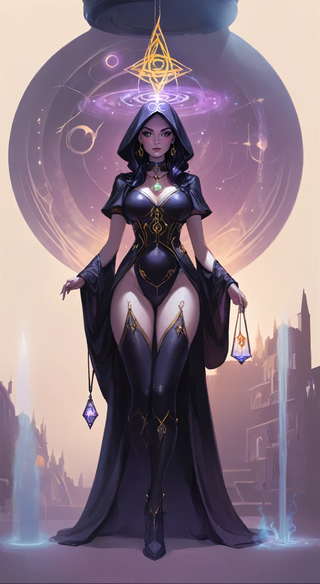 depicts a modern-day witch who has embraced the world of cybernetics to enhance her magical abilities. The artwork should convey the enchanting blend of traditional witchcraft and futuristic technology. Here are some specific elements to include: The Witch's Lair: The setting should be a cozy yet slightly eerie room, filled with magical books, crystal balls, potion ingredients, and antique furnishings. The room should be dimly lit by candles and a soft, mystical glow emanating from her cybernetic enhancements. The Cyborg Witch: The central focus of the artwork is the witch herself. She's a striking figure with a mix of traditional witch attire and cybernetic enhancements. Her clothing should have a witchy, occult aesthetic, with flowing robes, a pointed hat, and an intricate pentagram necklace. Her arms, however, have been upgraded with cybernetic components that incorporate magical symbols and glowing runes. Magical Interface: The witch is in the midst of casting a spell, with a holographic, touch-screen interface floating before her. This interface includes spell incantations, arcane symbols, and digital components, demonstrating her fusion of magic and technology. Spell Ingredients: On a nearby table, there should be a collection of spell ingredients, like herbs, potions, and magical artifacts. Some of these items may have been modified with cybernetic enhancements, blurring the line between the natural and the technological. Familiar: The witch's familiar, perhaps a cat or raven, should be present in the scene, serving as her magical companion. The familiar could also have subtle cybernetic enhancements or glowing eyes. Glowing Runes: The room should be adorned with ancient symbols and glowing runes on the walls and floor, contributing to the magical atmosphere. Aetherial Lighting: Use a combination of mystical, ethereal lighting and cybernetic glows to create a captivating interplay of light and shadow. The contrast between the tradit