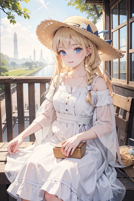 masterpiece, highest quality, 16k、High resolution, Cowboy Shot、Detailed face、1 -yeld giblue eyes、blonde、Braiding、White Dress、Straw hat、India、In front of the Taj Mahal