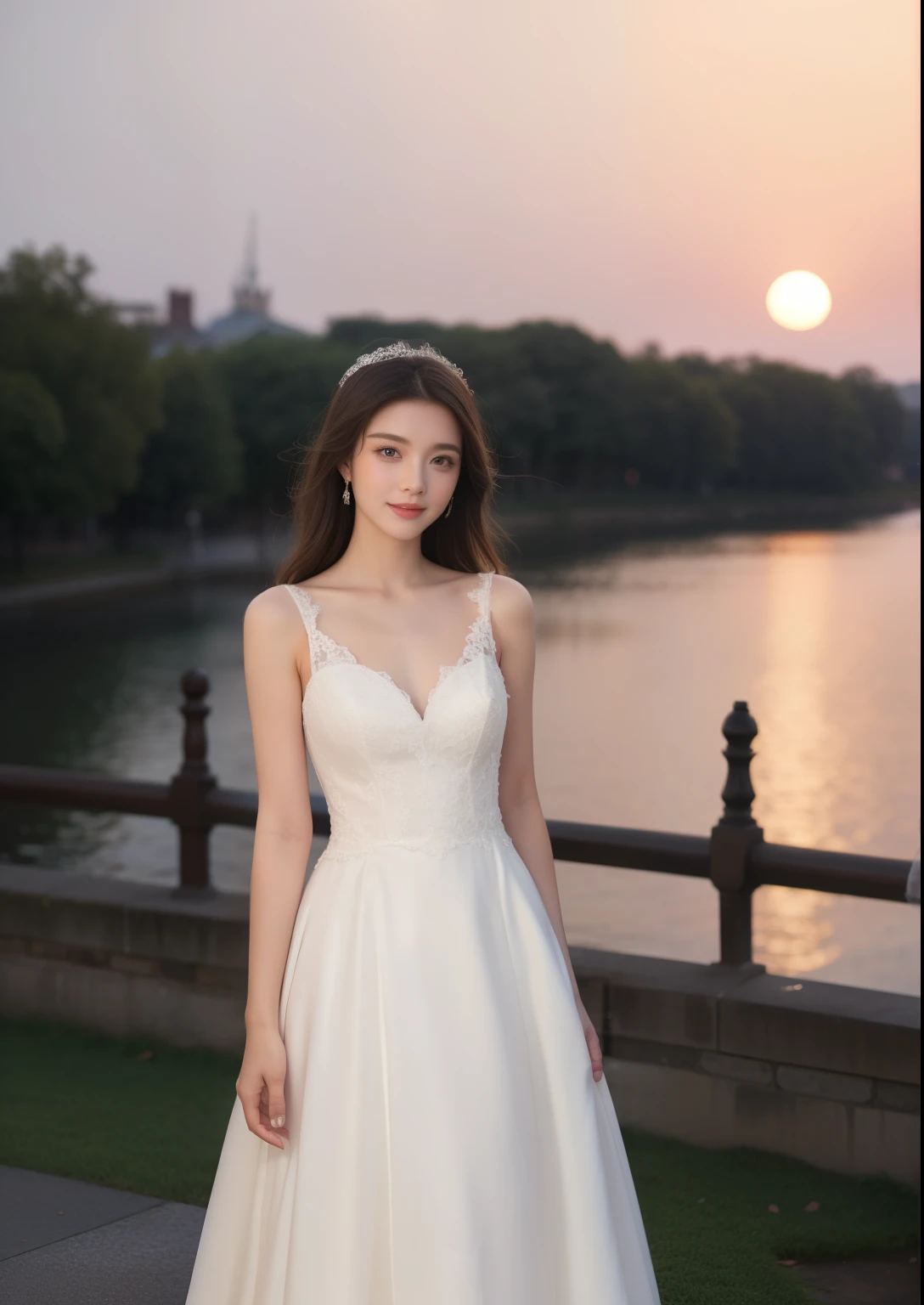 Beautiful 25 year old  skinny woman。She is wearing a wedding dress. She is smiling on illuminated by the evening church lights on the romantic sunset time.  her dark brown hair. High resolution、masterpiece、highest quality、頭w:1.0、((Hasselblad Photos))、fine skin、(movie lighting)、clavicle . full body picture.