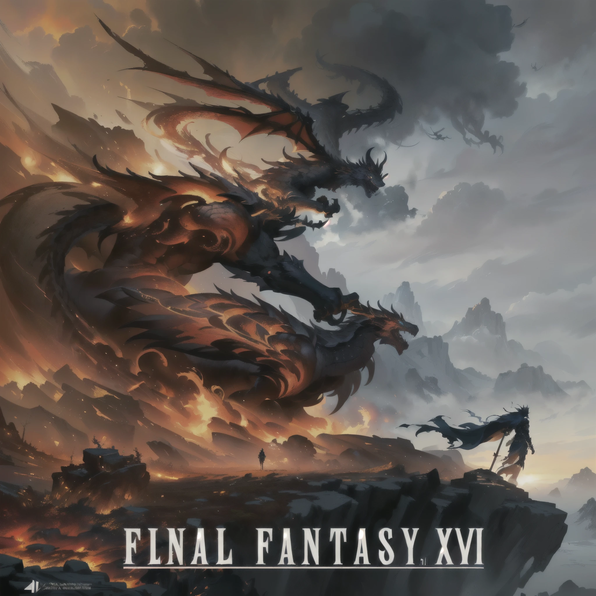 arafed image of a man standing on a cliff with a giant demon in the background, epic fantasy digital art style, epic fantasy artwork, epic fantasy digital art, anime epic artwork, epic fantasy art style hd, guildwar artwork, 4k fantasy art, epic fantasy game art, epic fantasy illustration, fantasy epic digital art, dark souls art, epic fantasy art. (absurdos, Altas Resoluciones, Ultra detallado, HDR), Obra maestra, La mejor calidad, final fantasy vii, 1hombre solamente, guapo, pelo largo, cabello negro, Ojos rojos vibrantes, ojos finos y cara detalladas, Armadura nordica, snowy mountains, frio, tonos azules, helado, hielo, ((Arma intrincada)), capa roja ondeando. ((Dragon a la espalda, dragon volando) Final Fantasy, badass pose, Personaje masculino de anime, Badass Anime 8K, Arte detallado del personaje de anime, Concepto de anime HDR Anime MacManus, Chico anime, Ikuto Yamashita, Anime CG arte suave, Fondo de pantalla de manga 4 k, inspirado por Yamagata Hiro, Wallaper de animea painting of a man with a sword and a red cape, epic anime style, anime epic artwork, epic fantasy digital art style, advanced digital anime art ”, portrait of ninja slayer, hero 2 d fanart artsation, epic fantasy style art, epic fantasy art style, high quality colored sketch, akira from chinese mythology, epic full color illustration