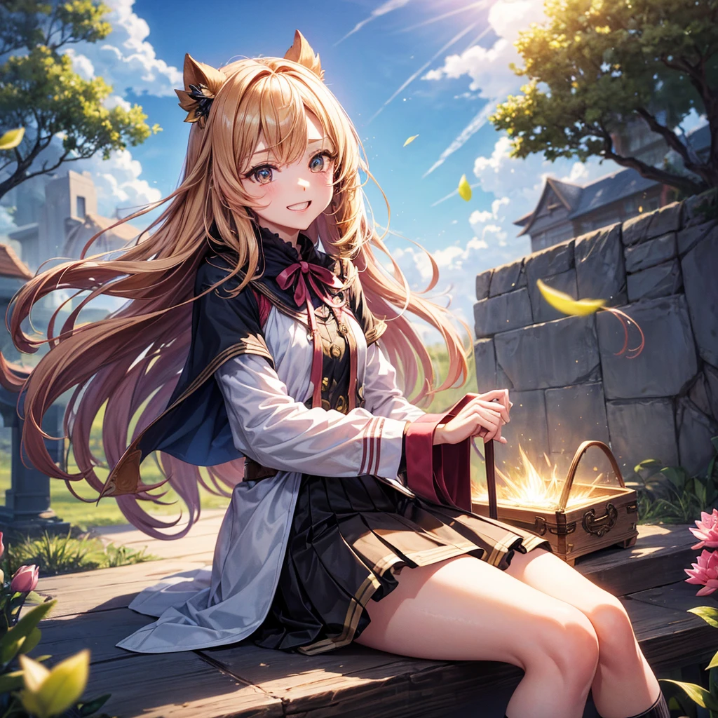 Pink gold golden hair、Golden Eyes、One good looking girl、solo、anime、Checkered mini skirt、Ruffles on the skirt、Red T-shirt、Cape、Gothic、Black knee-high socks、bandana、Wearing a ribbon、Ribbon on waist、Tilting face、Teeth are visible、Sunset sky、Piercing the clouds、Contrail、tree、Touching your face、lotus leaves、Cumulonimbus、Pillar of Light、Magic wand、Sitting on a golden treasure chest