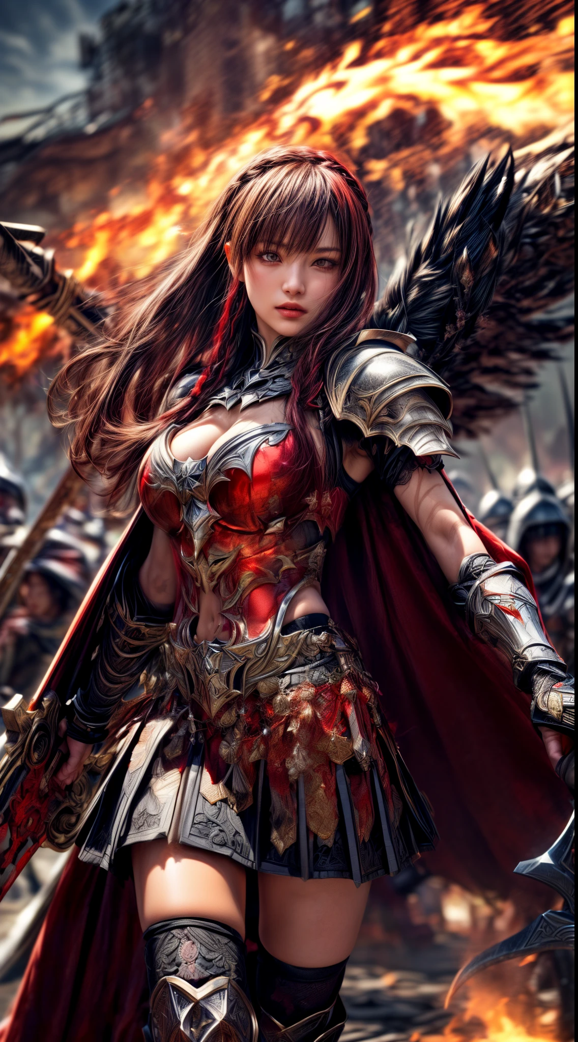 Very beautiful woman、Slender women、(Detailed face)、Realistic Skin、((Knight of Fire)), (((Crimson armor:1.25)))、((((非常に繊細で繊細な装飾が施されたCrimson armor:1.5))))、((Delicate photo)),(Girl Astepeace RAW Photo Details:1.25), (highest quality:1.6), (超A high resolution:1.5), (Realistic:1.75), 8K resolution, Canon EOS R5, 50mm, Absurd, Ultra-detailed,Cinema Lighting,Battlefields of Medieval Europe、((battle))、RPG World、Final Fantasy、(((Embellished skirt)))、Thigh-high socks、Shin Guards、night、((too long bangs))、((One short thick dark red hair braid))、(Six-pack)、Torn Cloak、Beautiful Armor、(((Giant Sword)))、In combat、The wind is blowing、(((Inferno filling the entire area)))、(((Leading a large group of red knights)))、(((Knight Commander)))、(Armor with a Phoenix motif)、(((Fire blaze)))、(((Intense action scenes)))、(((Crimson Phoenix)))、((nsfw))