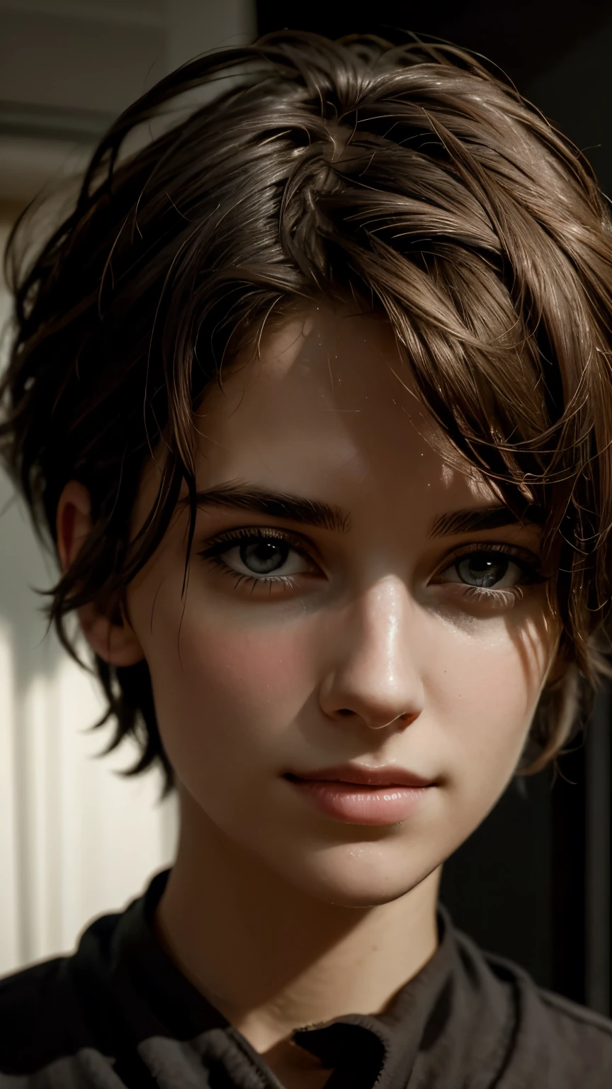 An intriguing professional close-up portrait of a beautiful girl with casual outfit and short hair, emerges from the depths of shadow and light, using film camera, where the subject's piercing gaze captivates the viewer, hinting at untold stories and unspoken emotions. With each contour of the face delicately highlighted by the play of chiaroscuro, the portrait exudes an enigmatic allure, inviting exploration into the depths of the human experience. big breasts.