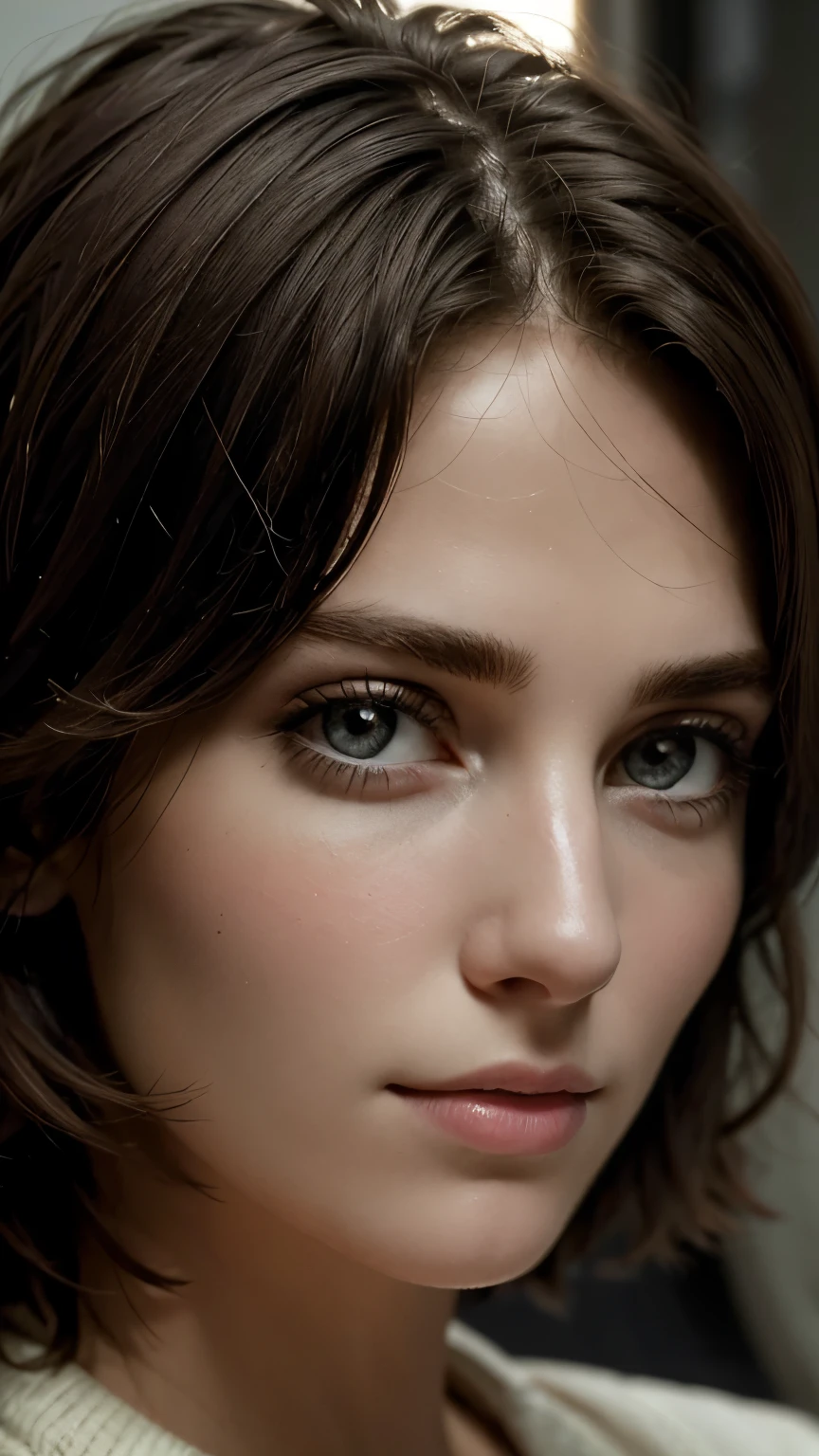 An intriguing professional close-up portrait of a beautiful girl with casual outfit and short hair, emerges from the depths of shadow and light, using film camera, where the subject's piercing gaze captivates the viewer, hinting at untold stories and unspoken emotions. With each contour of the face delicately highlighted by the play of chiaroscuro, the portrait exudes an enigmatic allure, inviting exploration into the depths of the human experience. big breasts.