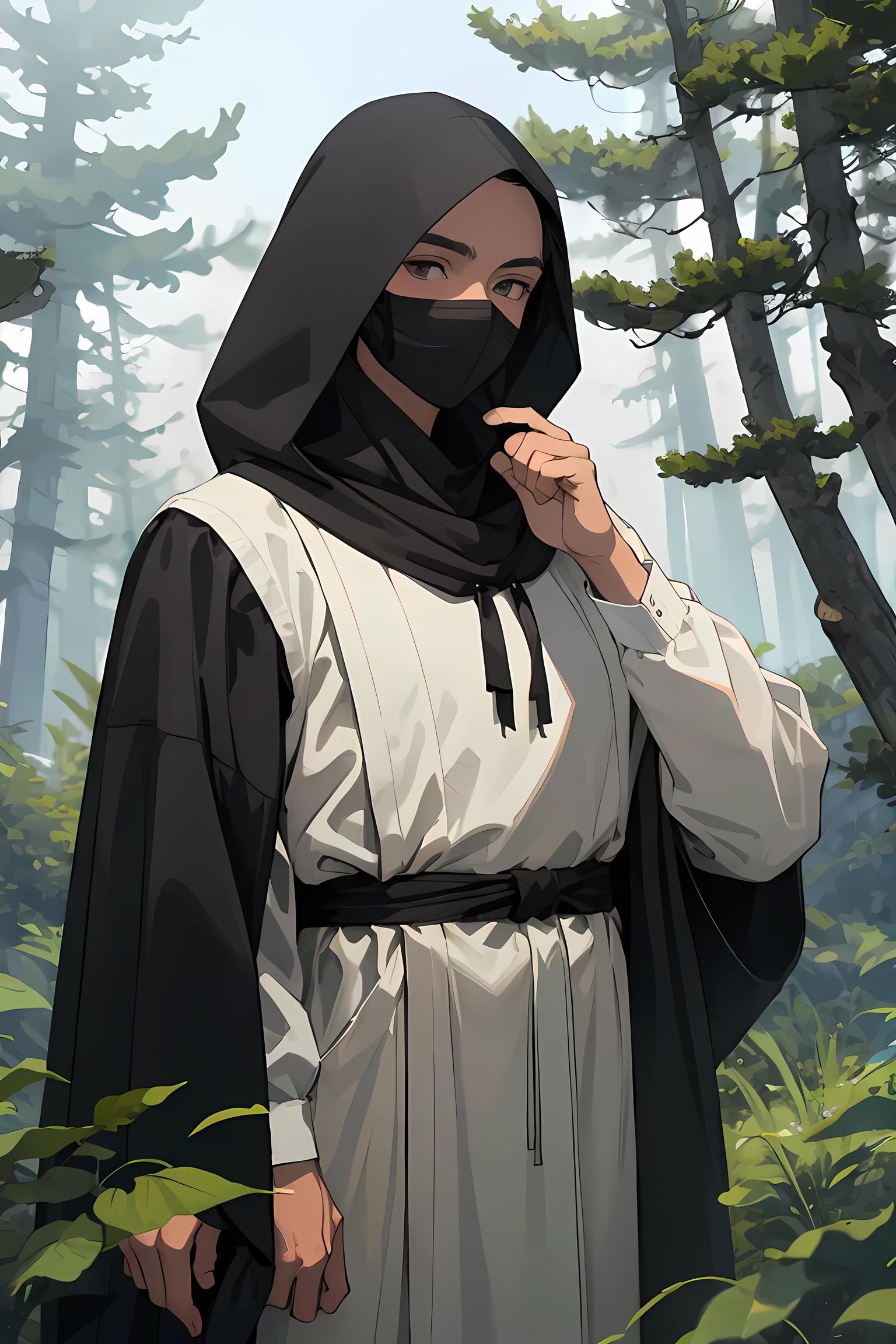 Masterpiece, best quality,  In the forest, a man with a black hood covering his face, who has raised the homeland to the sky, and behind him, mist