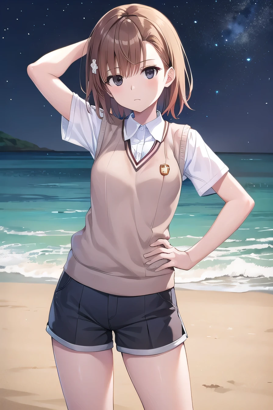 short hair, brown hair, black eyes, empty eyes, sweater vest, shirt, shorts, white shirt, pleated shorts, v-neck, short sleeves, tokiwadai , misaka imouto, solo, night sky, beach, arm behind head, hand on hip, contrapposto, spread armpits, closed mouth, (cowboy shot:1.5), looking at viewer, best quality,