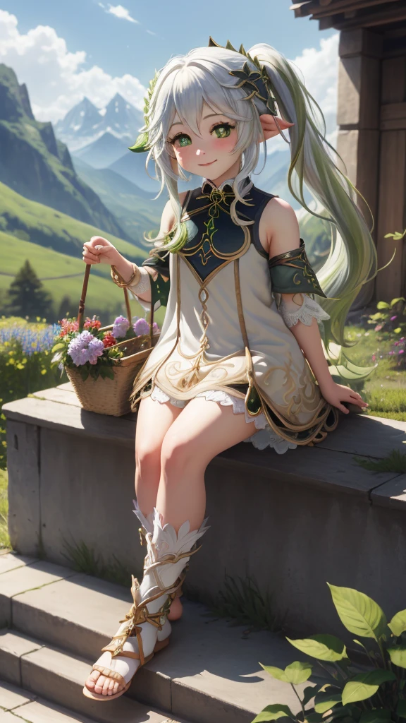 nahidadef, full body, sitting, smile, blush, outdoors, daytime, simple background, arm up, basket, blue skies, long hair, heaven, temple, looking at viewer, sitting on stairs, mountain, moody lighting, in outfit