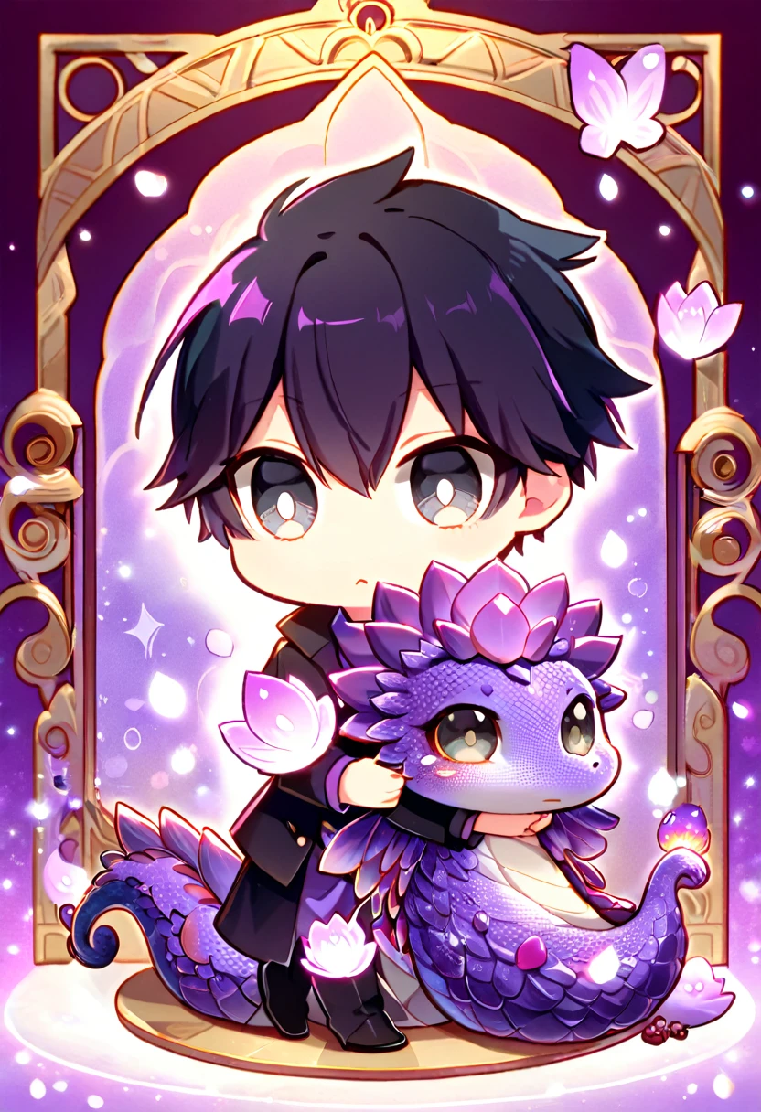 absurdres, highres, ultra detailed, HDR, master piece, best quality, Hibari Kyoya chibi, black hair, expressive gray eyes, katekyo hitman reborn!, cute, hugging a purple dragon, black jacket, purple shirt, patterns, magical, fantasy, purple background, purple lotus, shining, purple petals, purple sparkling butterflies, purple water