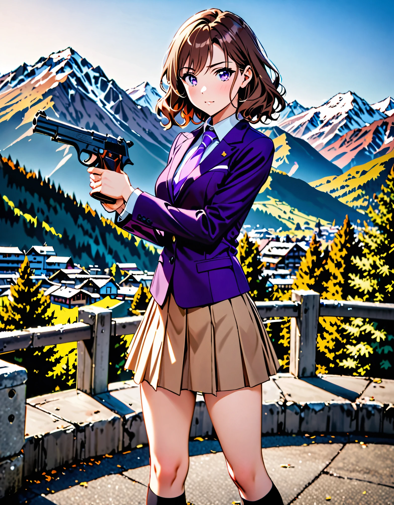 masterpiece, best quality, solo, solo focus, 1girl, 22 years old, brown hair, wavy hair, short hair, purple eyes, (purple suit, and tie), (black socks, black shoes), (light brown pleaded skirt, miniskirt), standing, (perfect hands, holding one pistol, beretta 92), mountain base backdrop, (perfect anatomy), (full body shot), cowboy shot, beautiful detailed eyes.