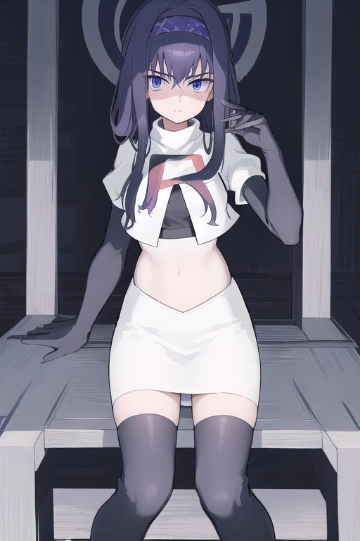 uidef, violet blue eyes,headband,team rocket,team rocket uniform,white skirt,red letter R,crop top,black thigh-highs,black elbow gloves, looking at viewer, moody lighting, facing viewer,expressionless,sanpaku,