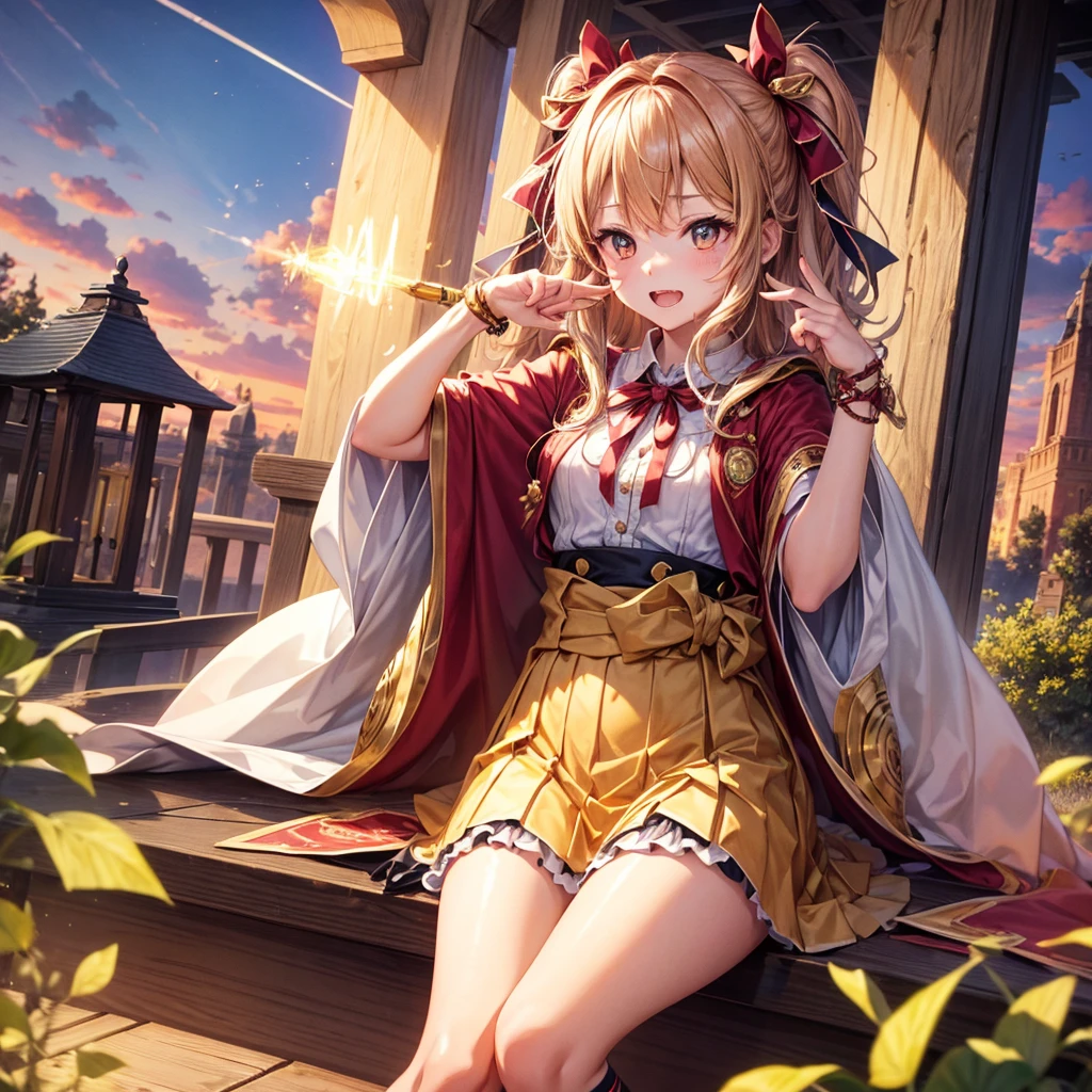 Pink gold golden hair、Golden Eyes、One good looking girl、solo、anime、Checkered mini skirt、Ruffles on the skirt、Red T-shirt、Cape、Gothic、Black knee-high socks、bandana、Wearing a ribbon、Ribbon on waist、Tilting face、Teeth are visible、Sunset sky、Piercing the clouds、Contrail、tree、Touching your face、lotus leaves、Cumulonimbus、Pillar of Light、Magic wand、Sitting on a golden treasure chest