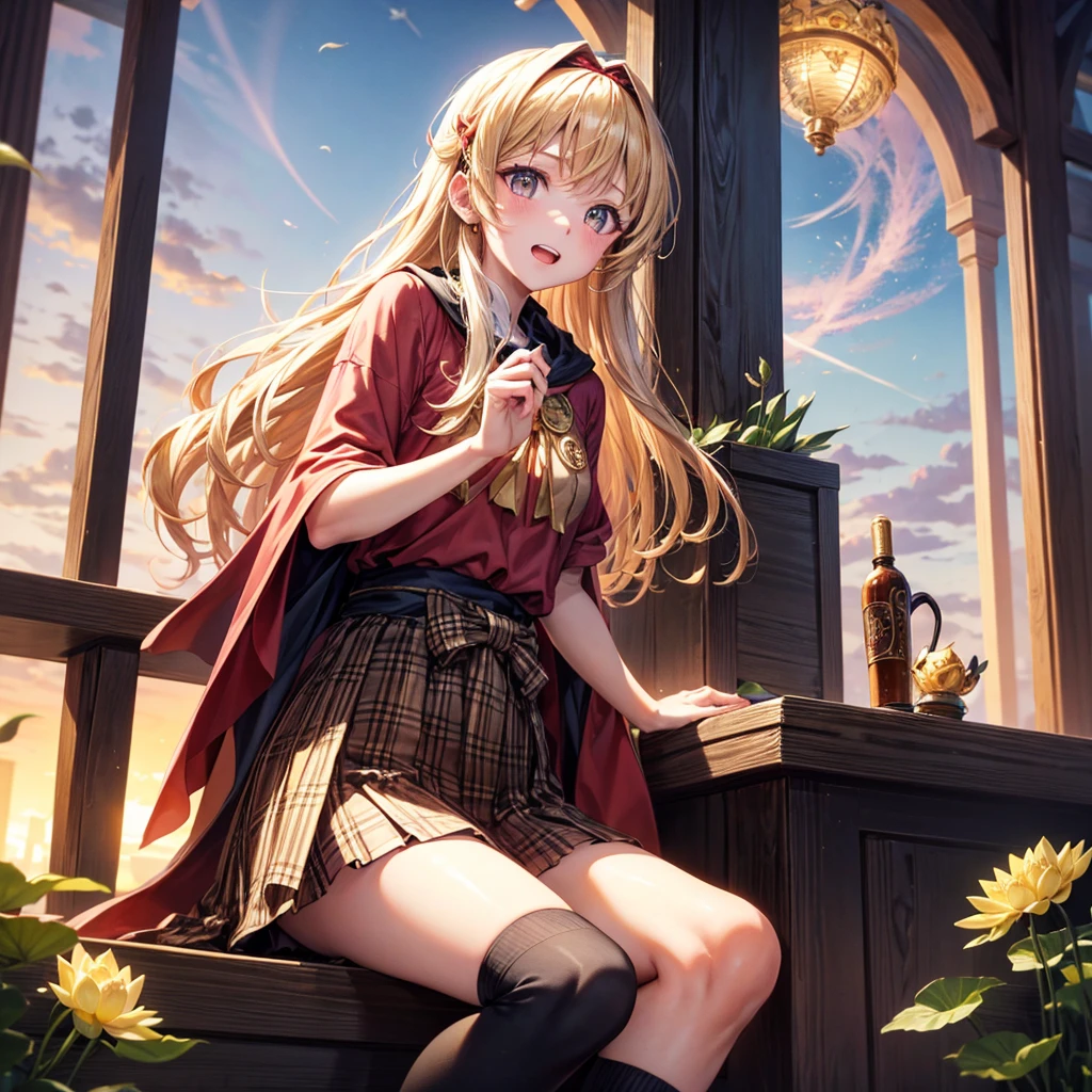 Pink gold golden hair、Golden Eyes、One good looking girl、solo、anime、Checkered mini skirt、Ruffles on the skirt、Red T-shirt、Cape、Gothic、Black knee-high socks、bandana、Wearing a ribbon、Ribbon on waist、Tilting face、Teeth are visible、Sunset sky、Piercing the clouds、Contrail、tree、Touching your face、lotus leaves、Cumulonimbus、Pillar of Light、Magic wand、Sitting on a golden treasure chest