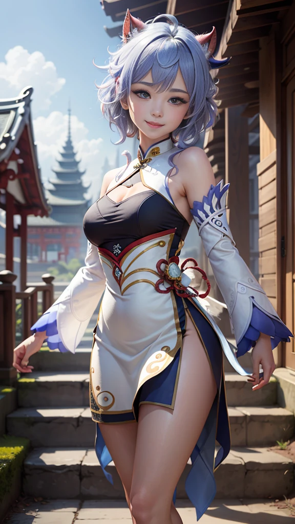 fighting stance, ganyudef, smile, blush, exteriors, In the daytime, simple background, blue-sky, short detailed hair, Sky-sky, temple, looking at viewers, stairways, mont, moody light，high-definition picture quality，Charming, smiling expression, Be red in the face, White cheongsam, Bare legged, middle rounded breast, fashion model posing, (Masterpiece, Best quality:1.4), professional artwork, intricate details, sharp focus, detail painting, photorealistic, trending on pixiv, realistic shadow,