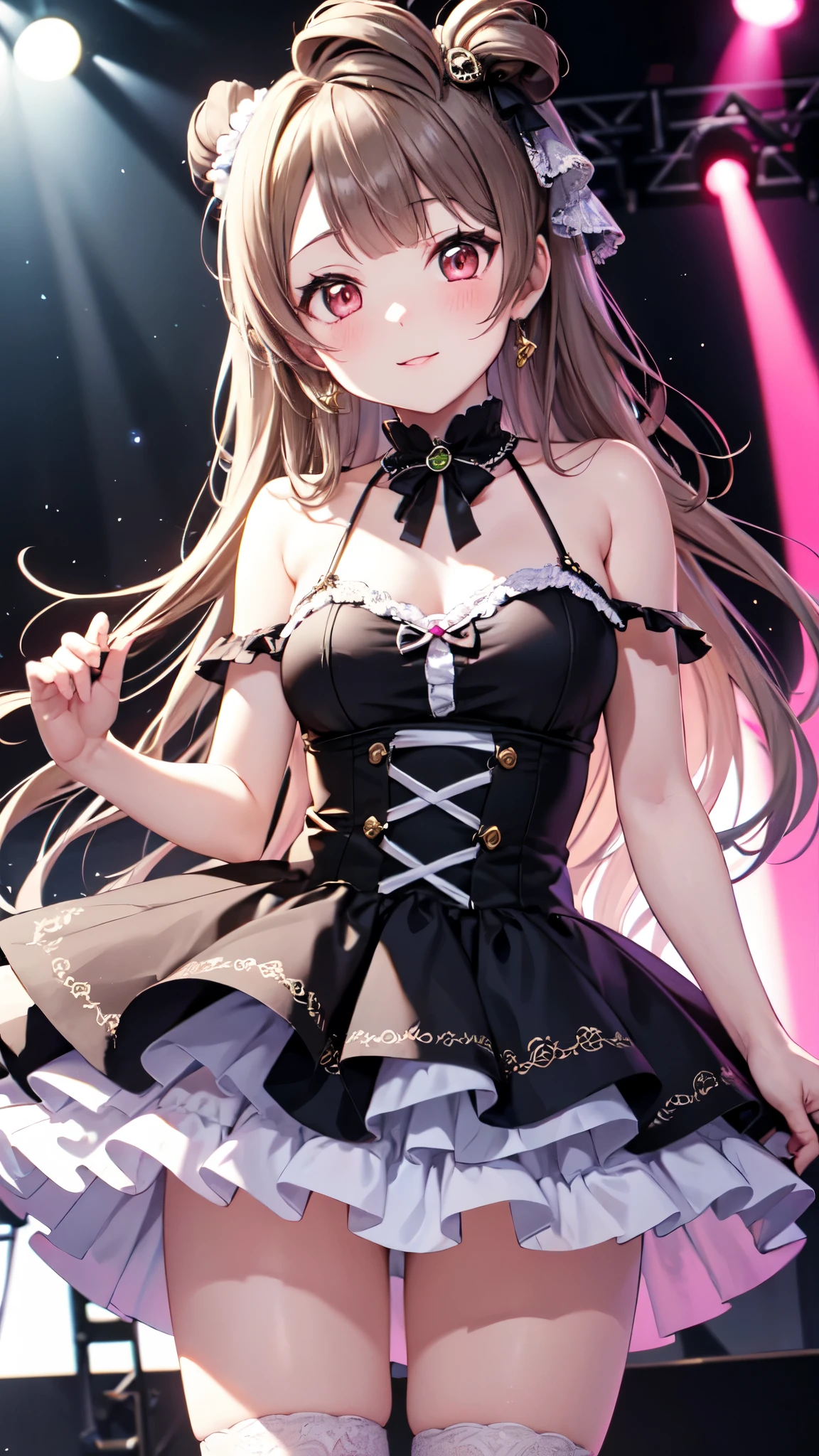 Kotori Minami, super detailed, standing, alone, Absolute reference to center, (1 girl), (white skin), pink gothic  style, Idol, stage