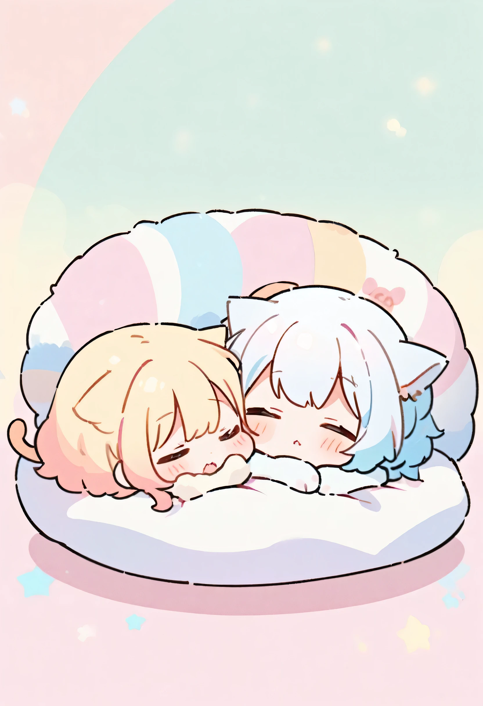 best quality, masterpiece, cat and mouse taking a nap, feeling safe when they are close together, friendly, cute, cute pose, pastel color fluffy image effect background, most beautiful girl ever、Chibi