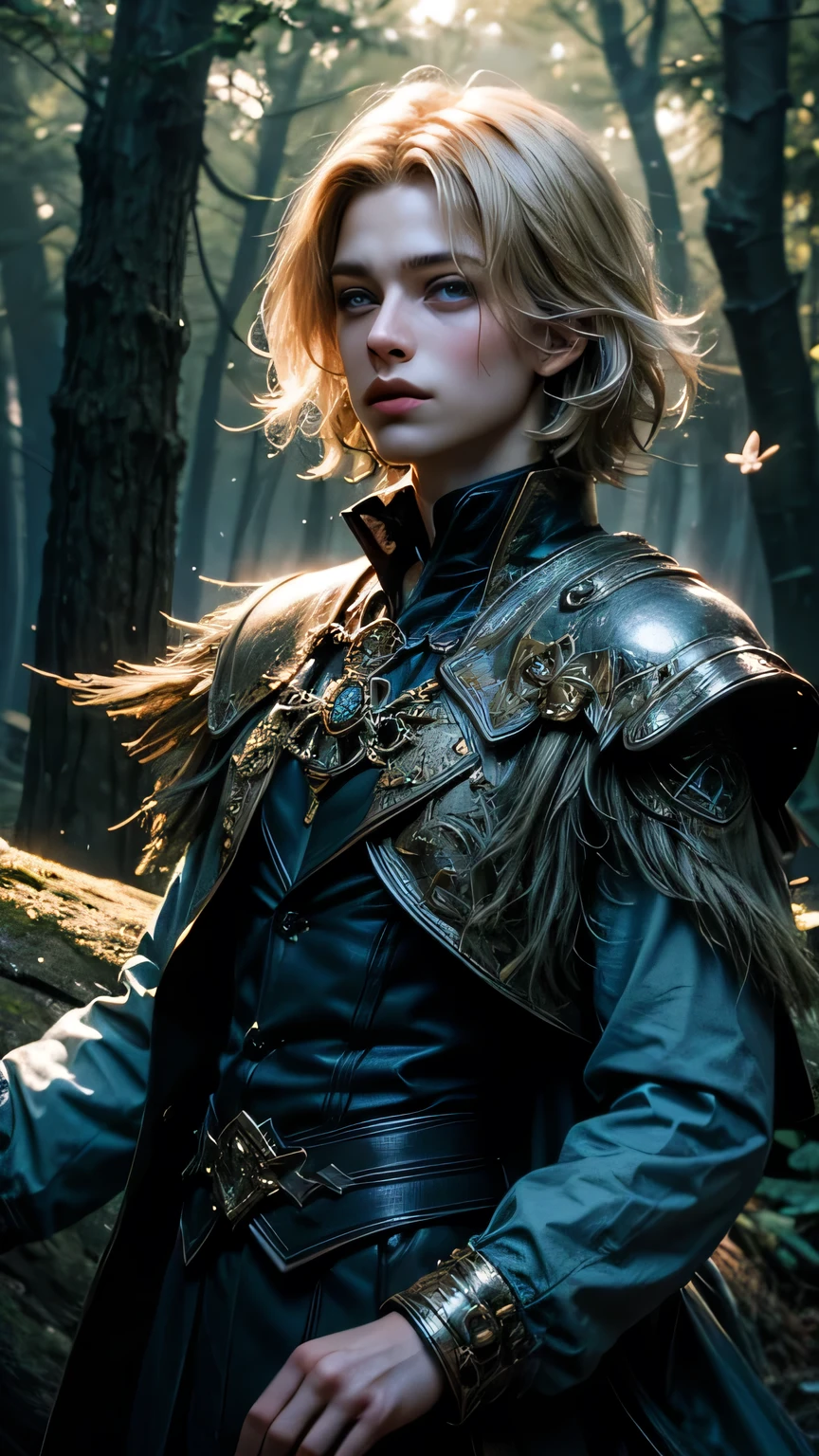 Hot tall teenage male, blond and blue eyes, On the dark woods, Magically Mysthically detailed, with glowing butterfly, ((wonderland theme)) ((fixed light composition))