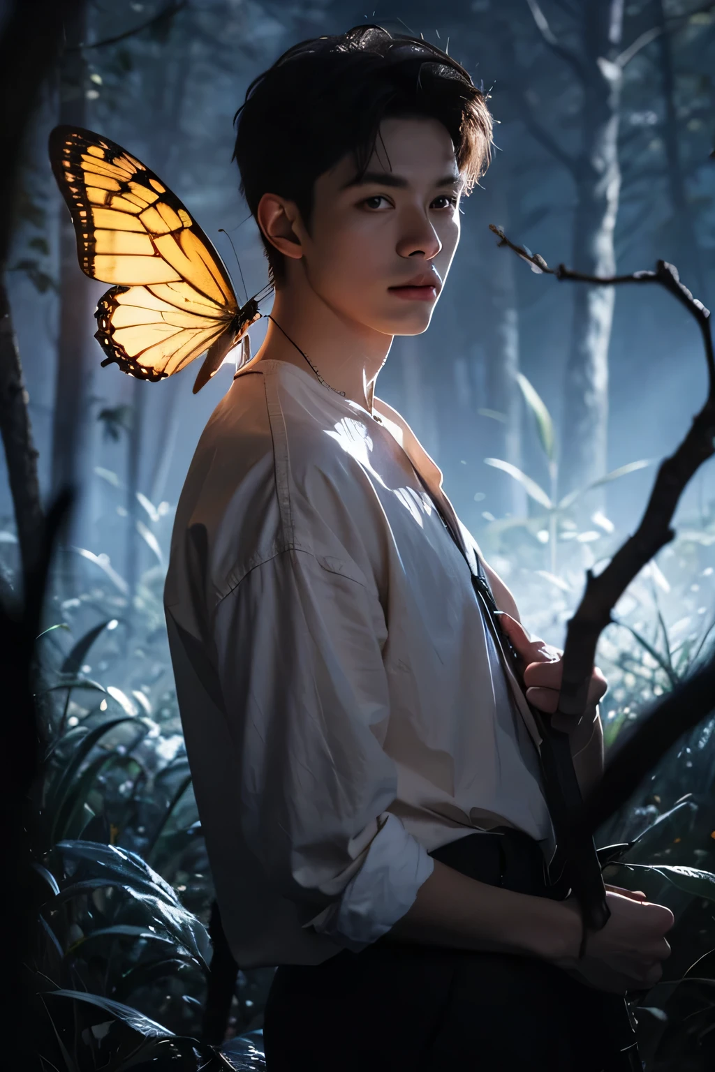 Hot tall male, On the dark woods, Magically Mysthically detailed, with glowing butterfly, ((woderland theme)) ((fixed light composition))