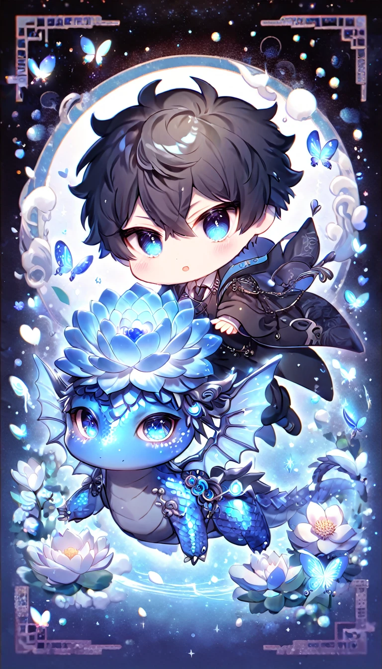 Ultra detailed, HDR, Highres, absurdres, master piece, Kougami Shinya chibi, black hair, expressive silver eyes, black clothes, Psycho Pass, blue glittering butterflies, petals, blue sapphire lotus, cute, magical, man, extremely detailed face and eyes, glittering, fantasy, hugging a blue sapphire dragon, love, blue sapphire background, perfect face, best quality,