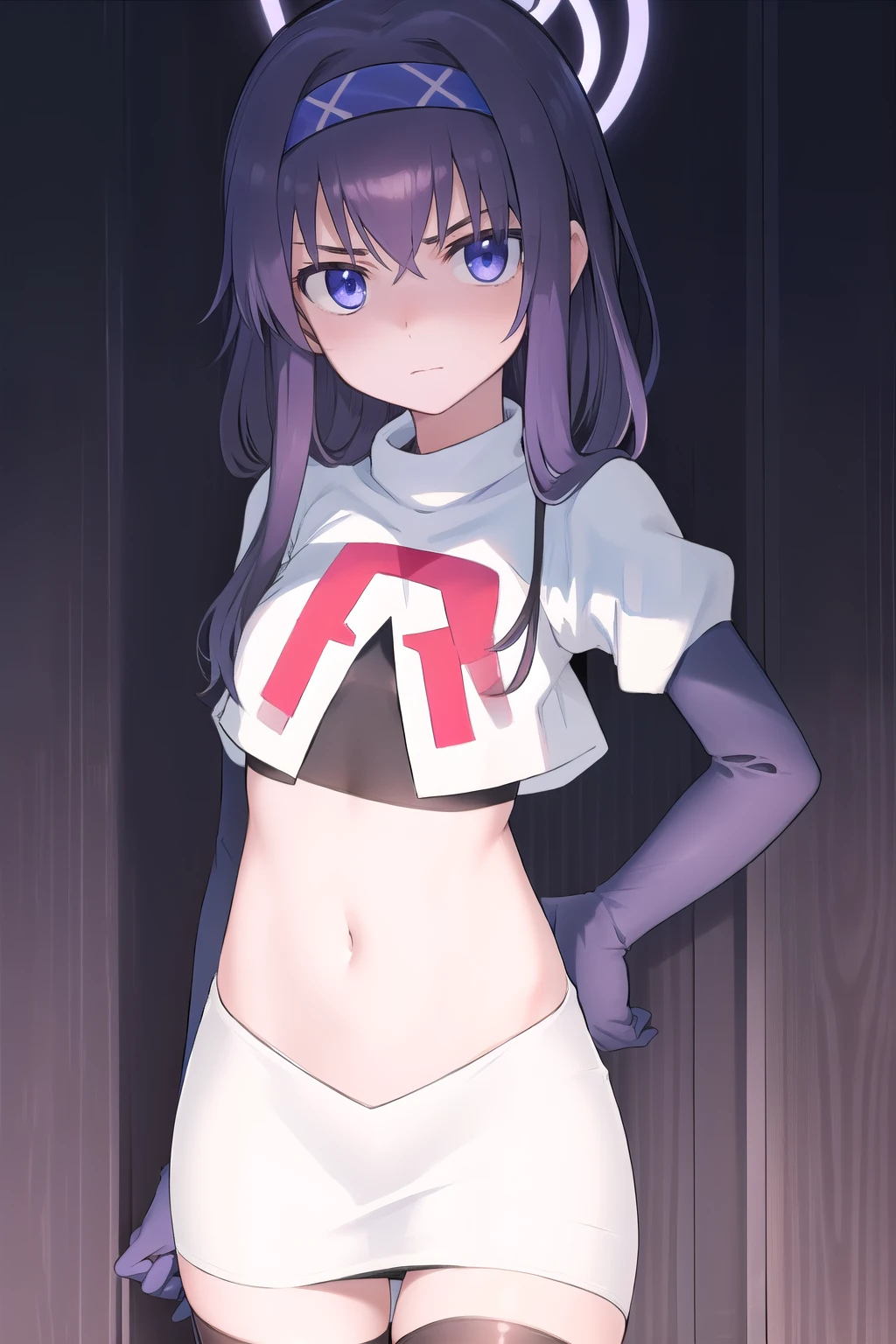 uidef, violet blue eyes,headband,team rocket,team rocket uniform,white skirt,red letter R,crop top,black thigh-highs,black elbow gloves, looking at viewer, moody lighting, facing viewer,expressionless,sanpaku,