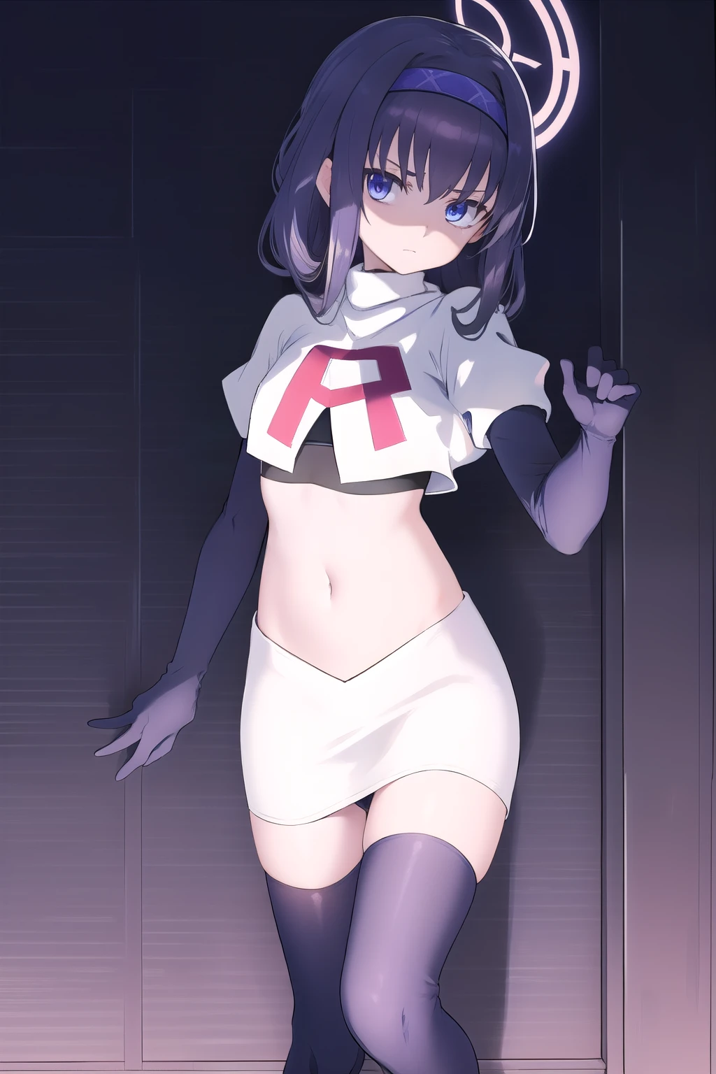 uidef, violet blue eyes,headband,team rocket,team rocket uniform,white skirt,red letter R,crop top,black thigh-highs,black elbow gloves, looking at viewer, moody lighting, facing viewer,expressionless,sanpaku,