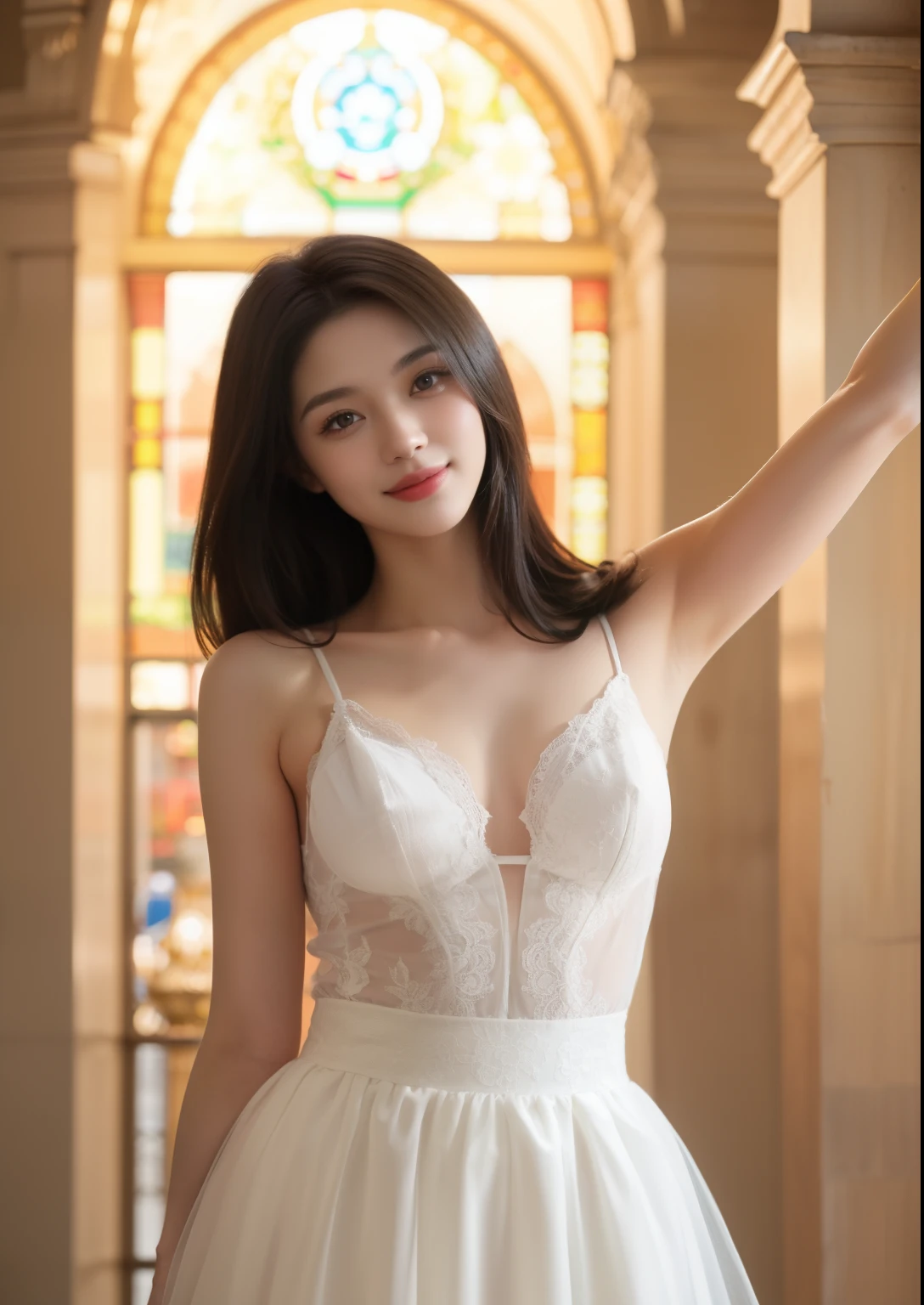 Beautiful 25 year old skinny woman。She is wearing a wedding dress. She is posing that like classical dance and smiling on illuminated by the evening church lights on the romantic sunset time. her dark brown hair. High resolution、masterpiece、highest quality、頭w:1.0、((Hasselblad Photos))、fine skin、(movie lighting)、clavicle . full body picture.