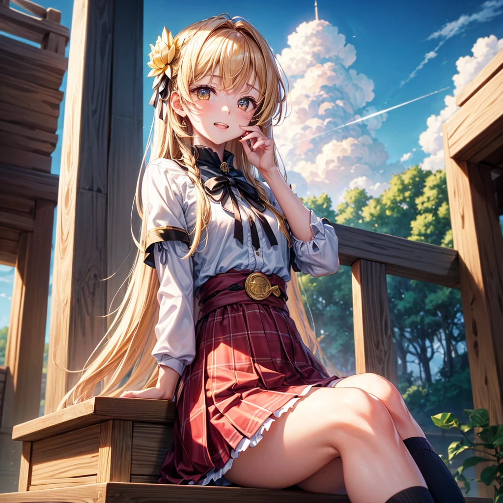 Pink gold golden hair、Golden Eyes、One good looking girl、solo、anime、Checkered mini skirt、Ruffles on the skirt、Red T-shirt、Cape、Gothic、Black knee-high socks、bandana、Wearing a ribbon、Ribbon on waist、Tilting face、Teeth are visible、Sunset sky、Piercing the clouds、Contrail、tree、Touching your face、lotus leaves、Cumulonimbus、Pillar of Light、Magic wand、Sitting on a golden treasure chest