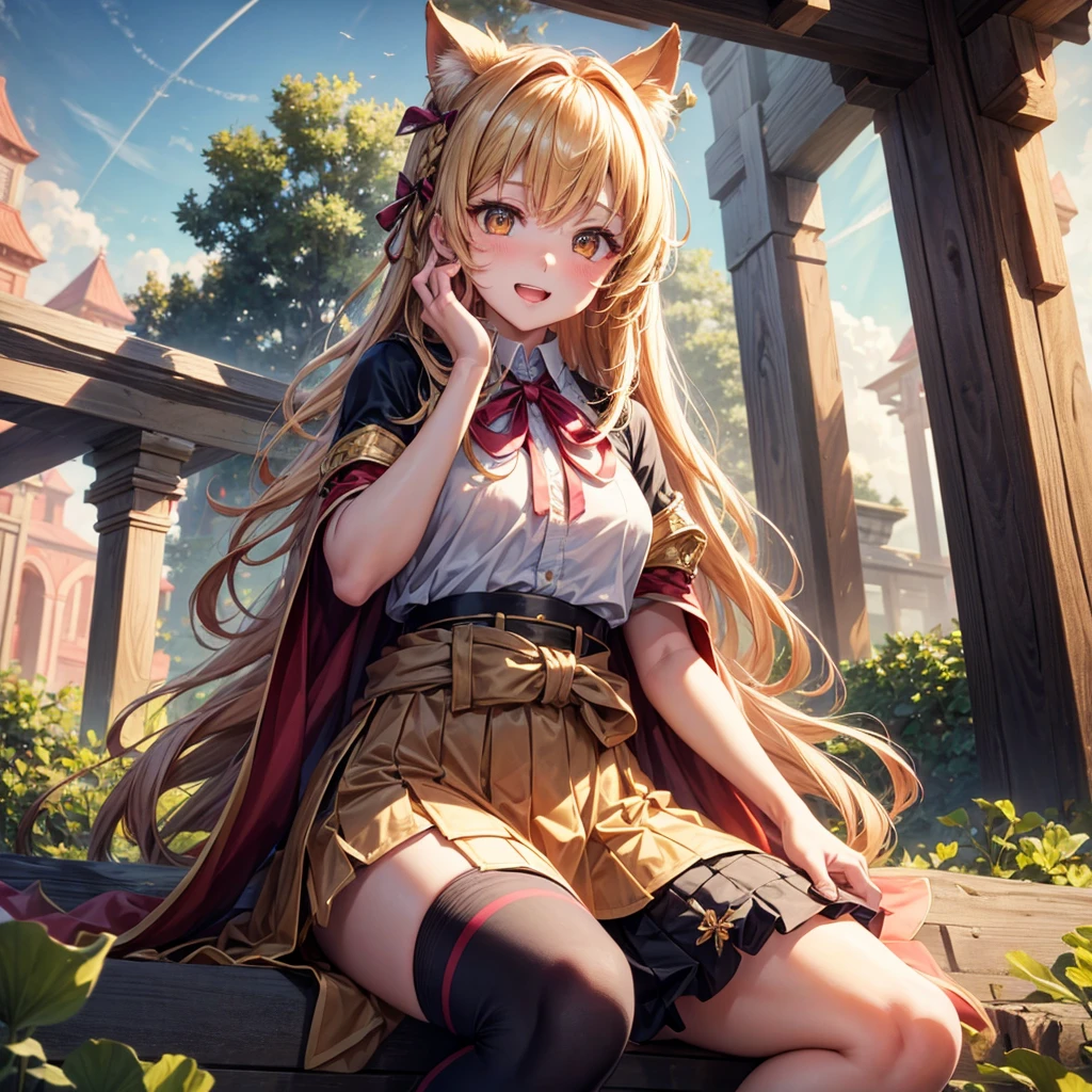 Pink gold golden hair、Golden Eyes、Braid、One good looking girl、solo、anime、Checkered mini skirt、Ruffles on the skirt、Red T-shirt、Cape、Gothic、Black knee-high socks、bandana、Wearing a ribbon、Ribbon on waist、Tilting face、Teeth are visible、Sunset sky、Piercing the clouds、Contrail、tree、Touching your face、lotus leaves、Cumulonimbus、Pillar of Light、Magic wand、Sitting on a golden treasure chest