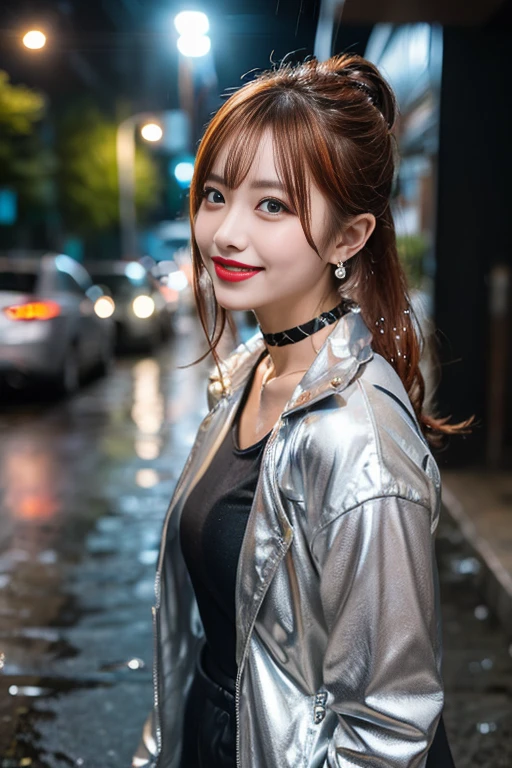 Solo Girl,Very heavy rain,Back alley at night,Soaked Tomboy,Earrings,Punk Rock Fashion,Open jacket with chain,punk rock shirt,Punk rock pants with chains,Chain Accessories,choker,(Soaking wet,Rain dripping from my face,Wet Face,Wet your hair,Moisturized and radiant skin,Soaked costume,),(Shiny silver and orange hair,Short Ponytail),(Princess face composition,Big eyes,Pointed lips,Red lipstick,Cute round face,A smile that makes people happy,blush with embarrassment,blush,),Bold Pose,Digital SLR,(8K quality,Tabletop,highest quality,Ultra-high resolution output images,),Intricate details,(Highly detailed RAW photos:1.3),(Picture Mode Ultra HD),squat