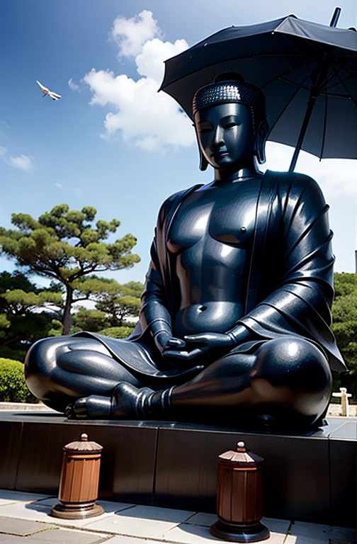 The Great Buddha of Kamakura and the Great Kannon of Ofuna sheltering from the rain with umbrellas