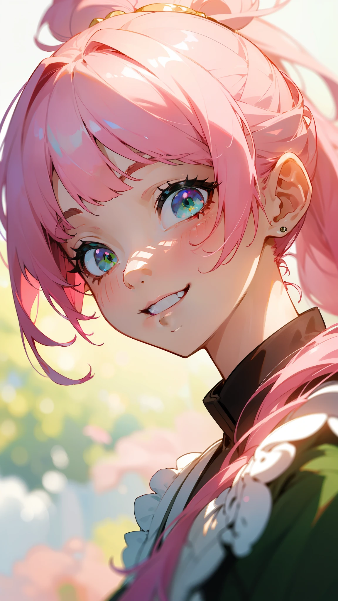 (masterpiece, highest quality)、Intricate details、8k、Sharp focus、(Bokeh) (highest quality) (Detailed skin:1.3) (Intricate details) (8k) (Fine grain) (anime)、Pink Hair、Ponytail、bangs、Pink Hair、Green Eyes、Beautiful Eyes、Upper body close-up、Side body、Grin