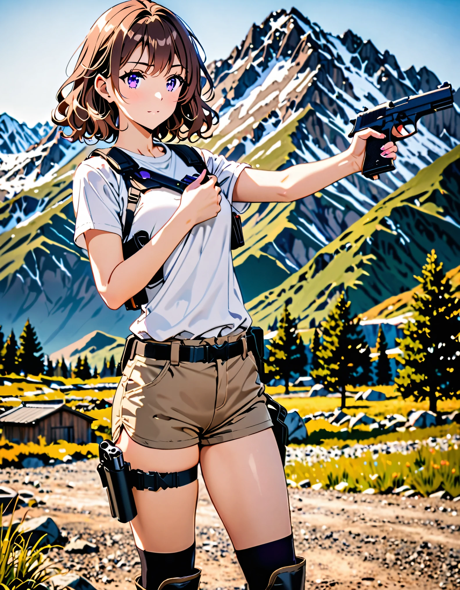 masterpiece, best quality, solo, solo focus, 1girl, 22 years old, brown hair, wavy hair, short hair, purple eyes, (white t-shirt, shoulder holster), (black socks, black tactical boots, matching boots), (light brown shorts), standing, (perfect hands, holding one pistol, beretta 92), mountain base backdrop, (perfect ???????), (full body shot), cowboy shot, beautiful detailed eyes.