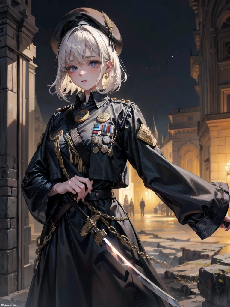 whole body, beret, skirt, military uniform, holding a ((big)) sword, A beautiful night landscape, absurdres, RAW photo, extremely delicate and beautiful, masterpiece, Best Quality, ultra high resolution, 32k, hyperrealistic, ultra-detailed, perfect figure, perfect shape, detailed description, pale skin, 20 years old, detailed beautiful face and eyes, tearful mole, earring, short medium hair, wavy hair,