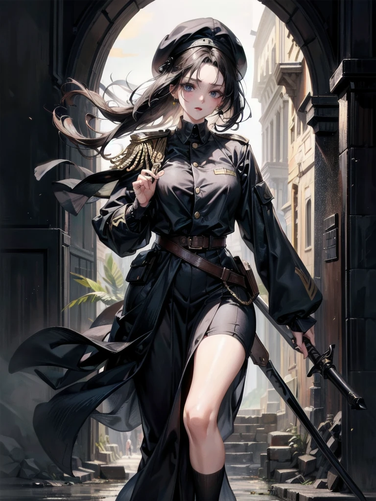 whole body, beret, skirt, military uniform, holding a ((big)) sword, A beautiful night landscape, absurdres, RAW photo, extremely delicate and beautiful, masterpiece, Best Quality, ultra high resolution, 32k, hyperrealistic, ultra-detailed, perfect figure, perfect shape, detailed description, pale skin, 20 years old, detailed beautiful face and eyes, tearful mole, earring, short medium hair, wavy hair,