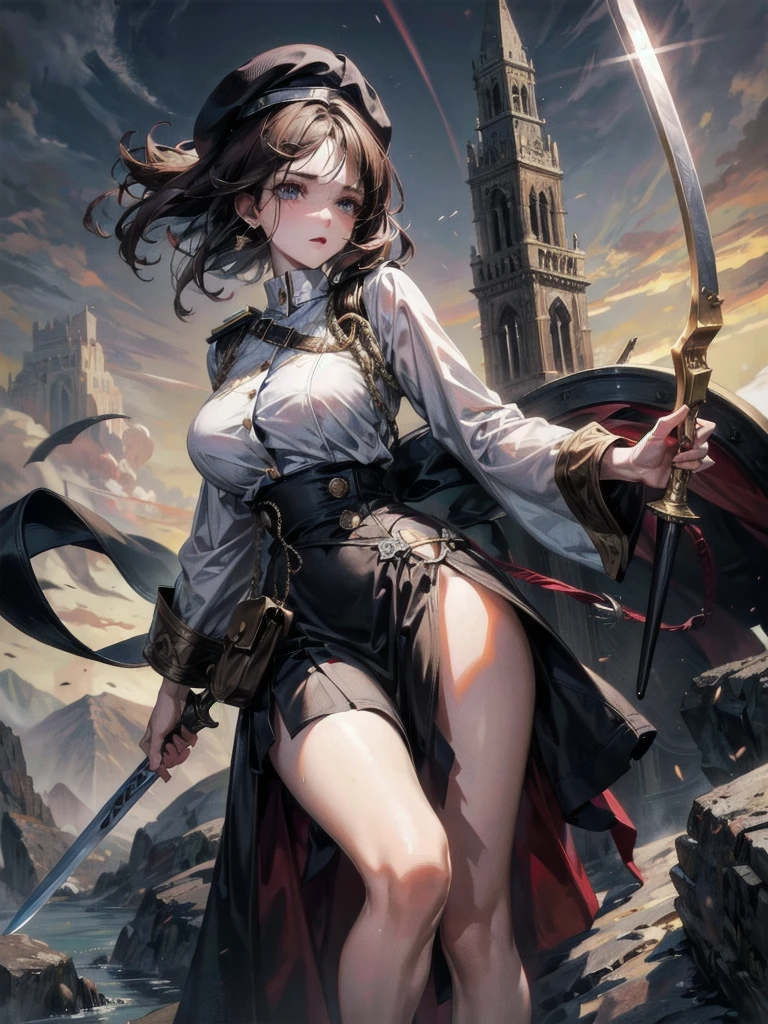 whole body, beret, skirt, military uniform, holding a ((big)) sword, A beautiful night landscape, absurdres, RAW photo, extremely delicate and beautiful, masterpiece, Best Quality, ultra high resolution, 32k, hyperrealistic, ultra-detailed, perfect figure, perfect shape, detailed description, pale skin, 20 years old, detailed beautiful face and eyes, tearful mole, earring, short medium hair, wavy hair,